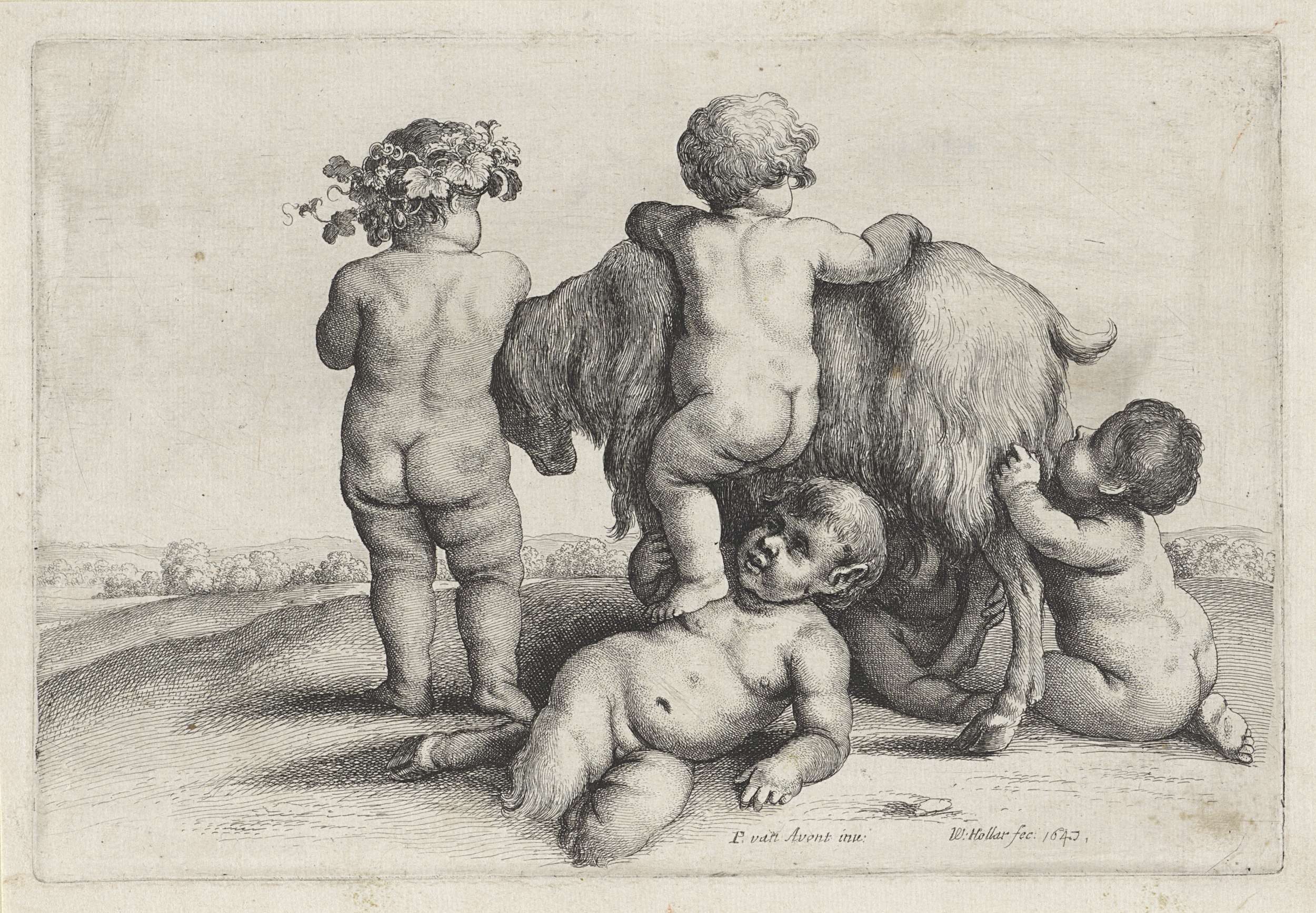 Etching by Wenceslaus Hollar depicting four boys with a satyr and a goat.
