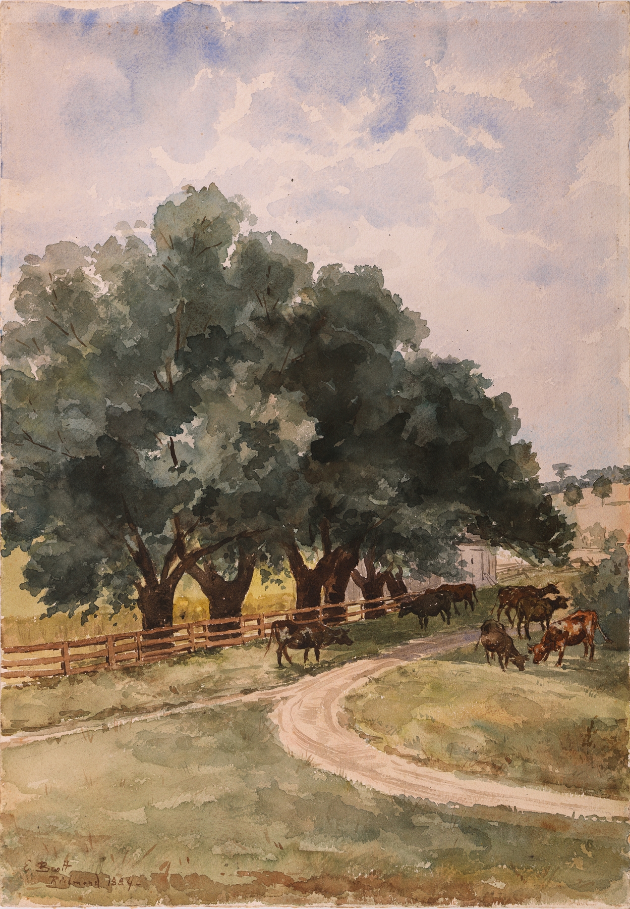 Richmond by Elizabeth Boott Duveneck, oil on canvas, depicting a serene twilight landscape with clouds.