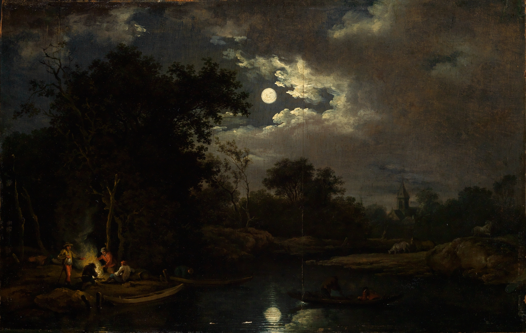 Landscape with fishermen by a campfire, oil painting by Ferdinand Kobell