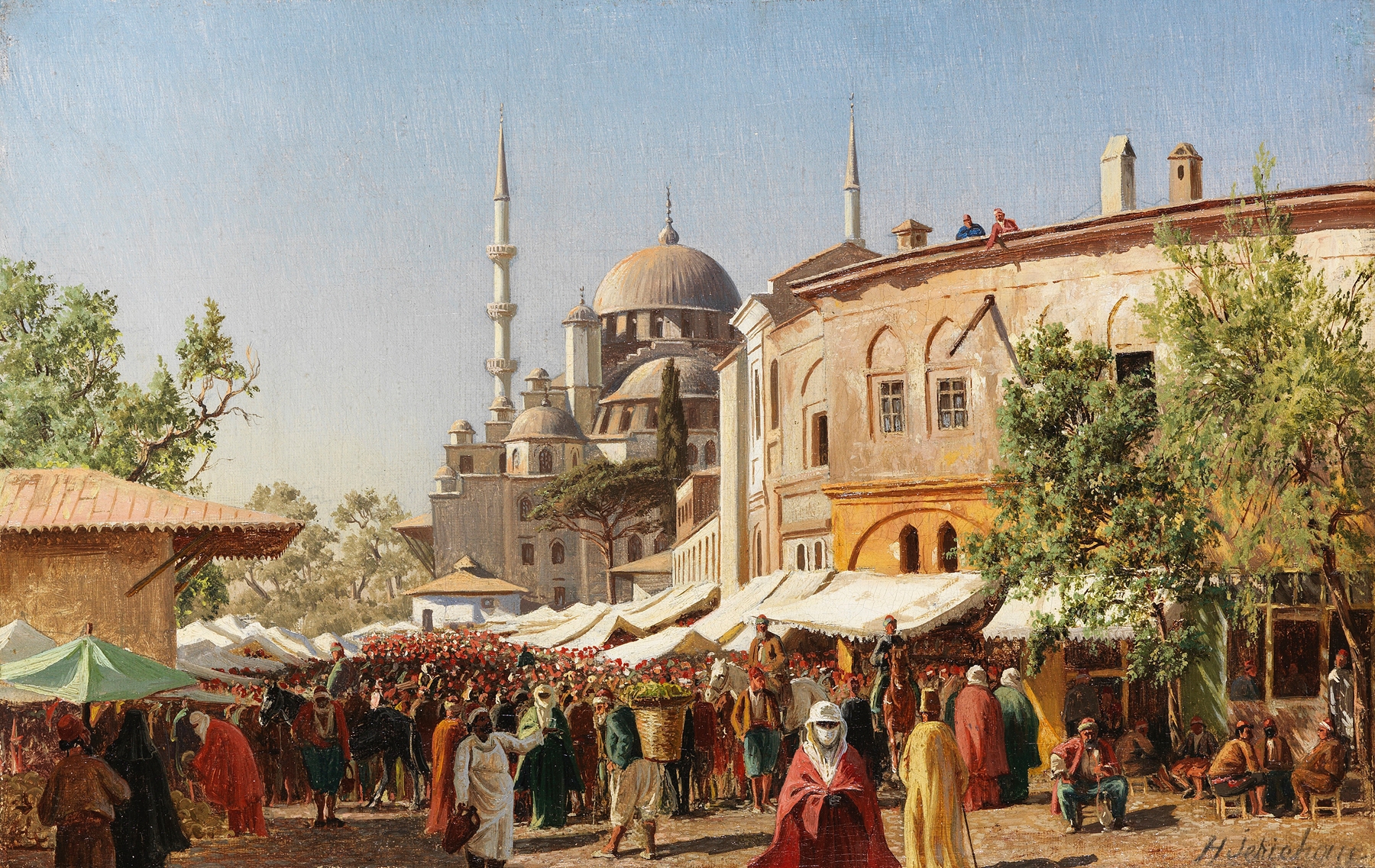 Genre scene of a marketplace with figures and Hagia Sophia, oil painting by Harald Jerichau