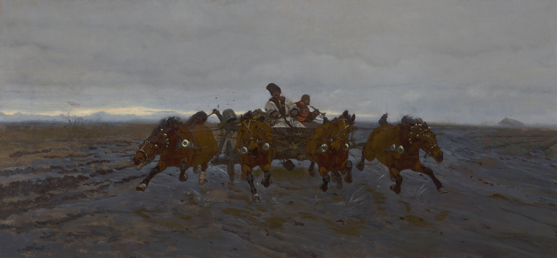 Four-in-Hand by Jozef Chelmonski, realism depicting a cart on textured ground.
