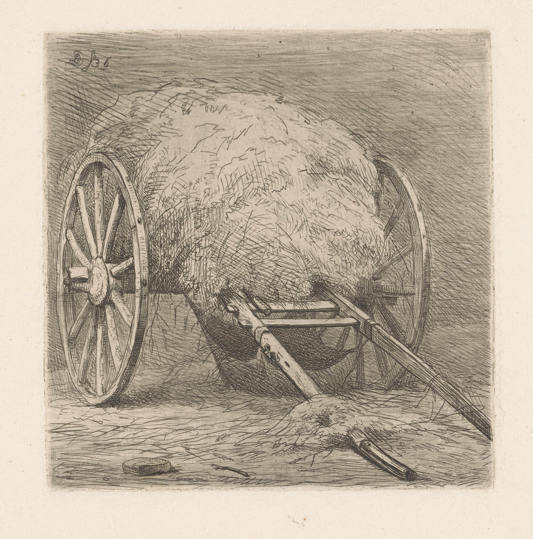 Etching by Pierre Louis Dubourcq depicting a cart with hay, 1836