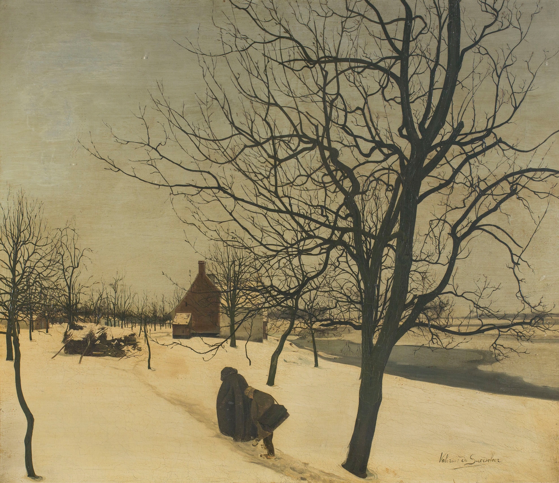 Tenant Farm in the Snow, oil on canvas by Valerius De Saedeleer, depicting a winter landscape with a farmhouse.