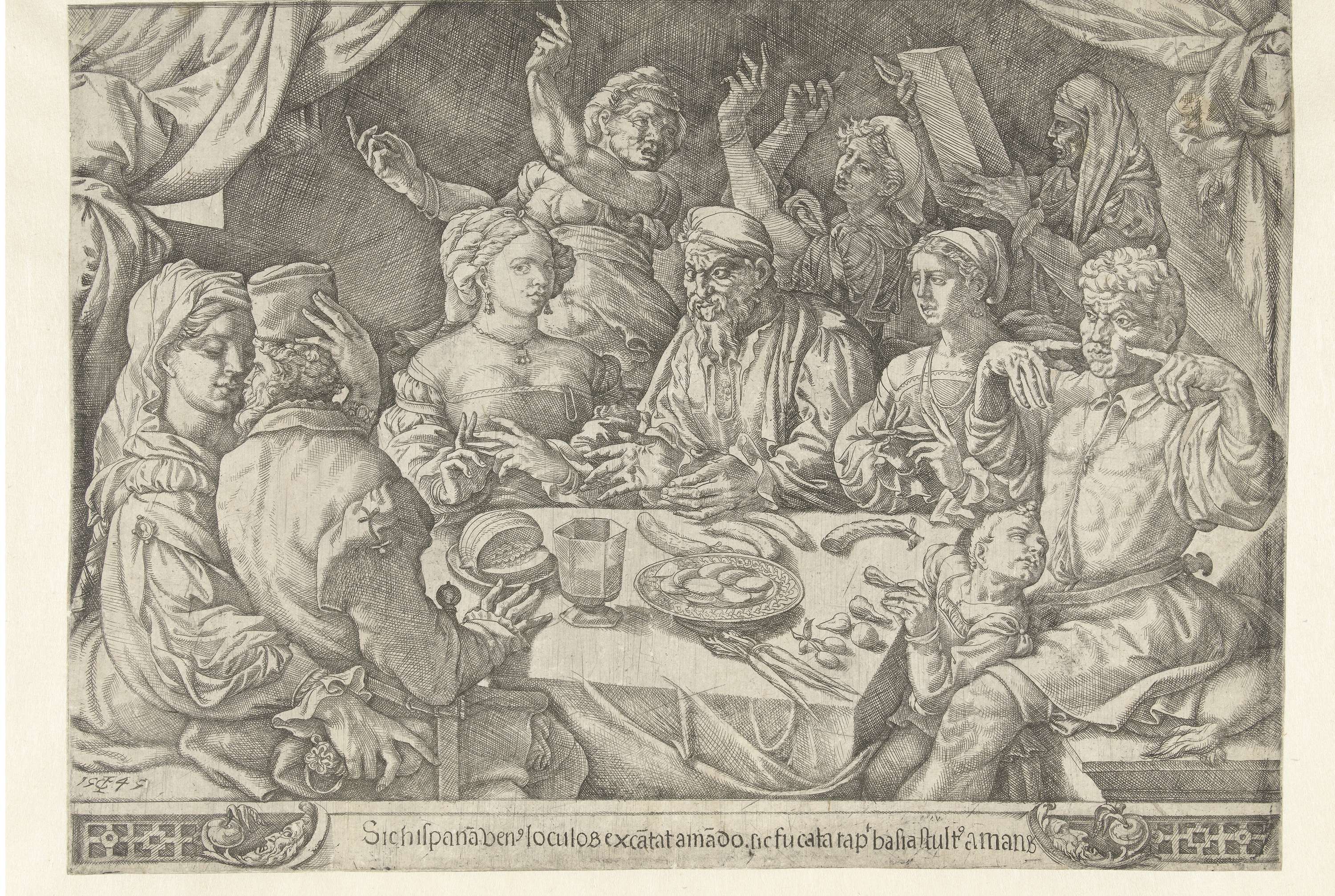 A Spanish Brothel, etching by Jan Cornelisz Vermeyen showing men in a brothel setting