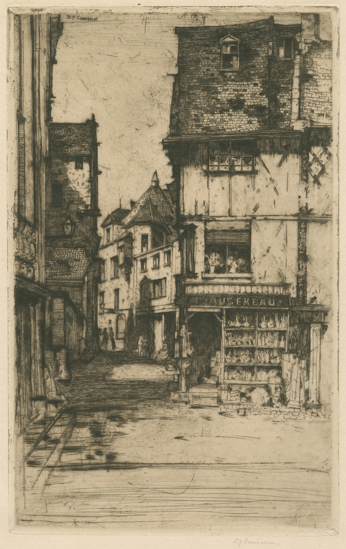 Old Saumur etching by David Young Cameron depicting a river, stone bridge, and village.