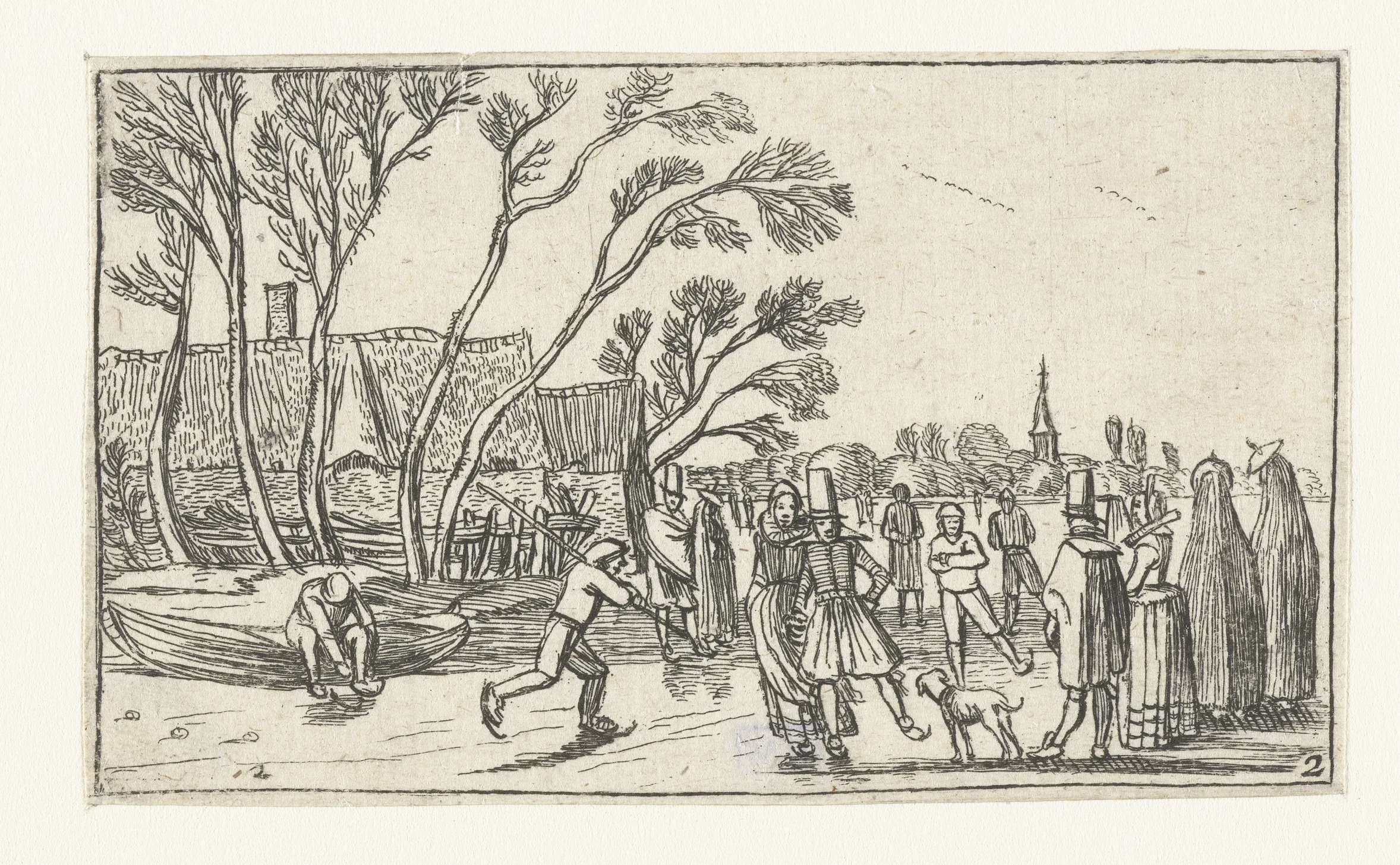 Schaatsers op het ijs bij een boerderij, etching by Unknown Artist showing skaters on ice near a farm.