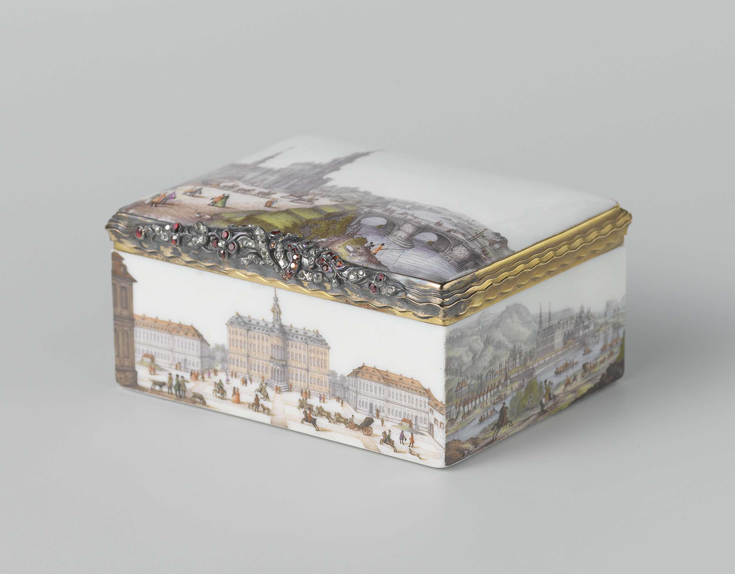Snuffbox with Saxon castles and Dresden view, paint by Meissener Porzellan Manufaktur