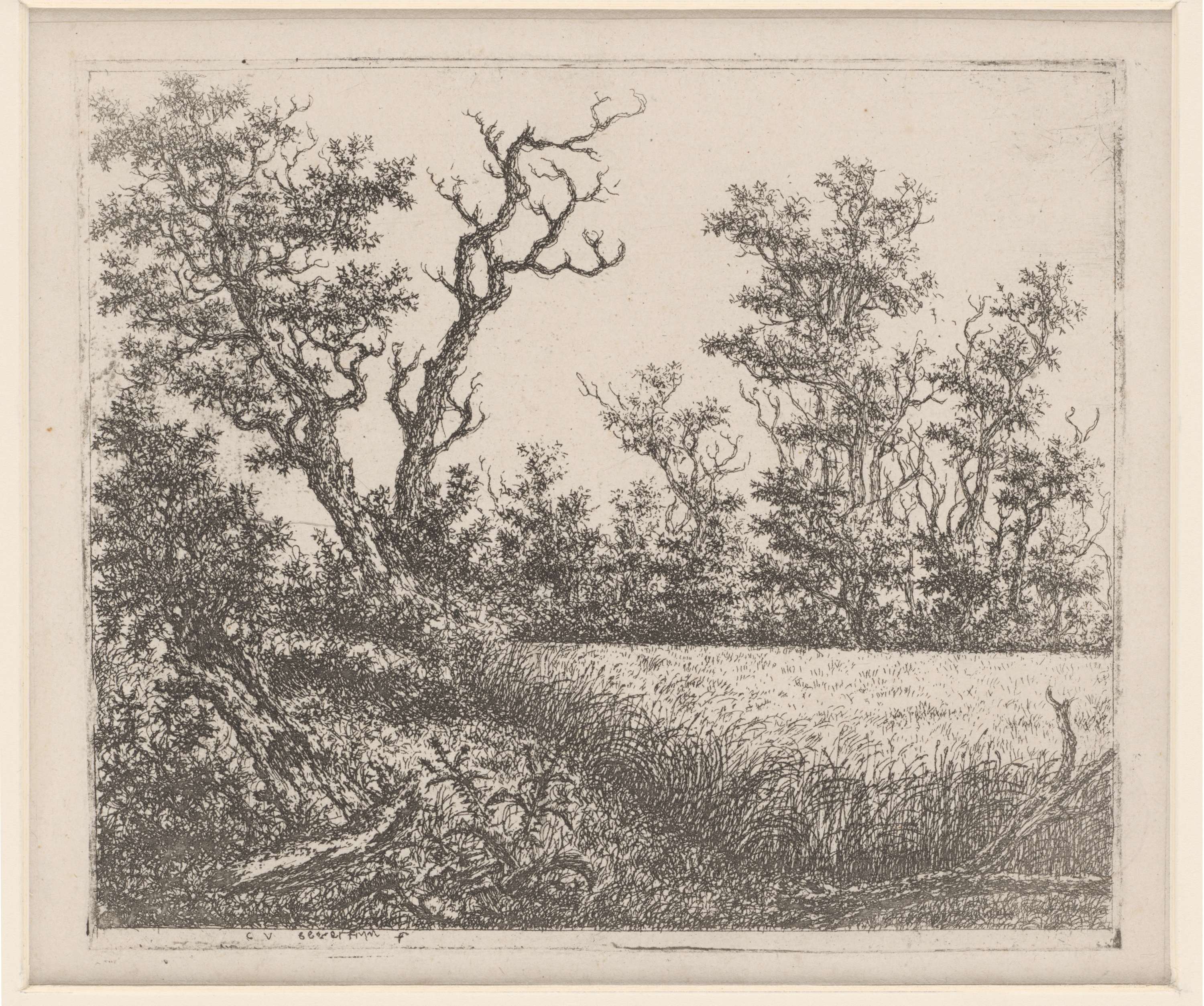 Landschap met korenveld, etching by Claes van Beresteyn, depicting a wheat field under a pastel sky.