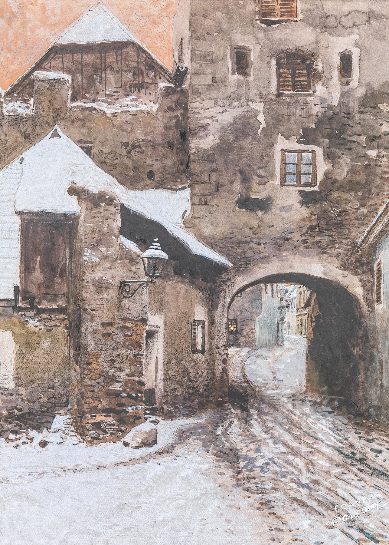 Kremser Tor in Dürnstein im Winter by Franz Poledne, oil painting depicting a snowy archway and village.