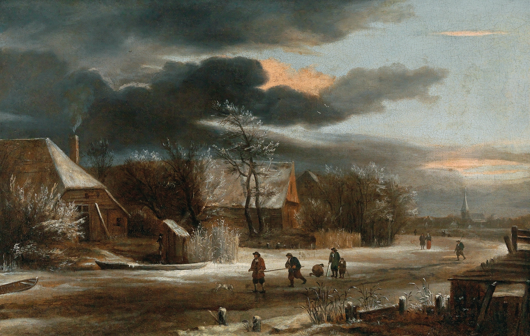 A winter landscape with a village and a frozen canal, by Jacob van Ruisdael, public domain