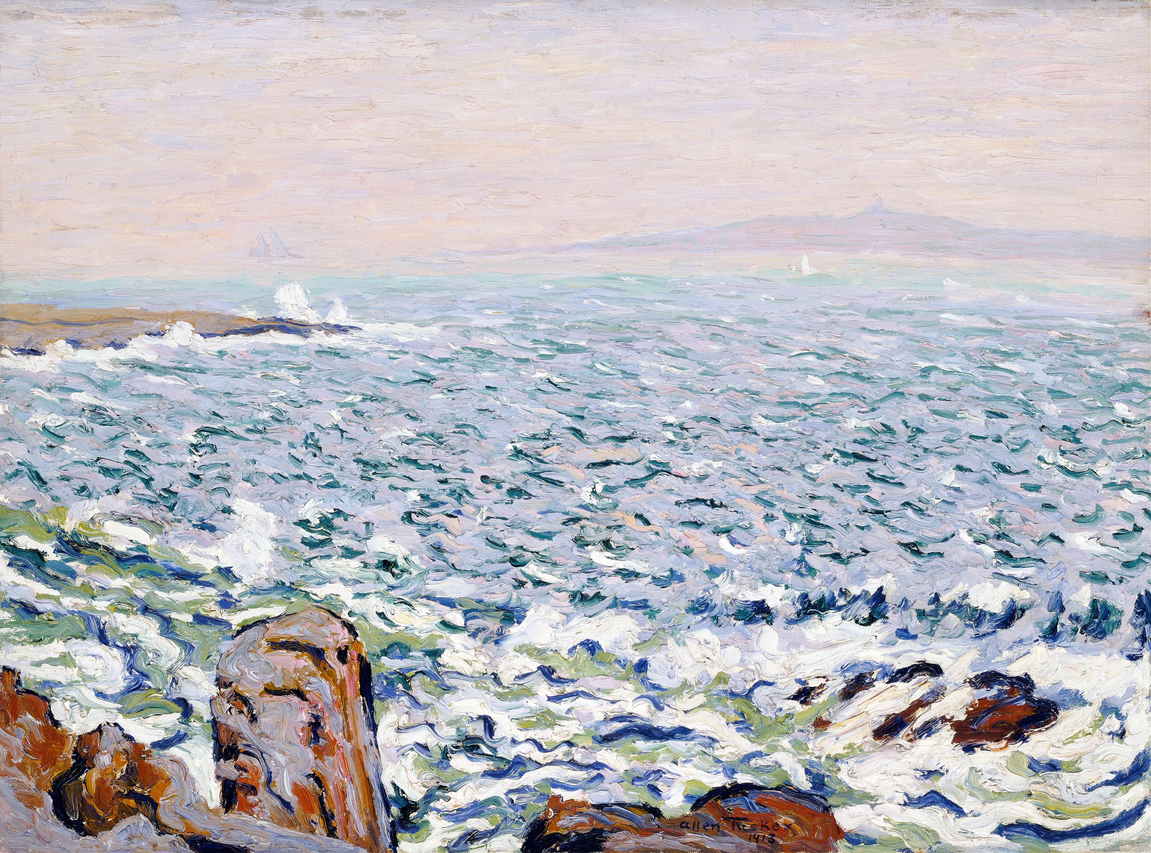 Surf Breaking, Cranberry Island by Allen Tucker, oil painting depicting turbulent waves crashing on the shore.