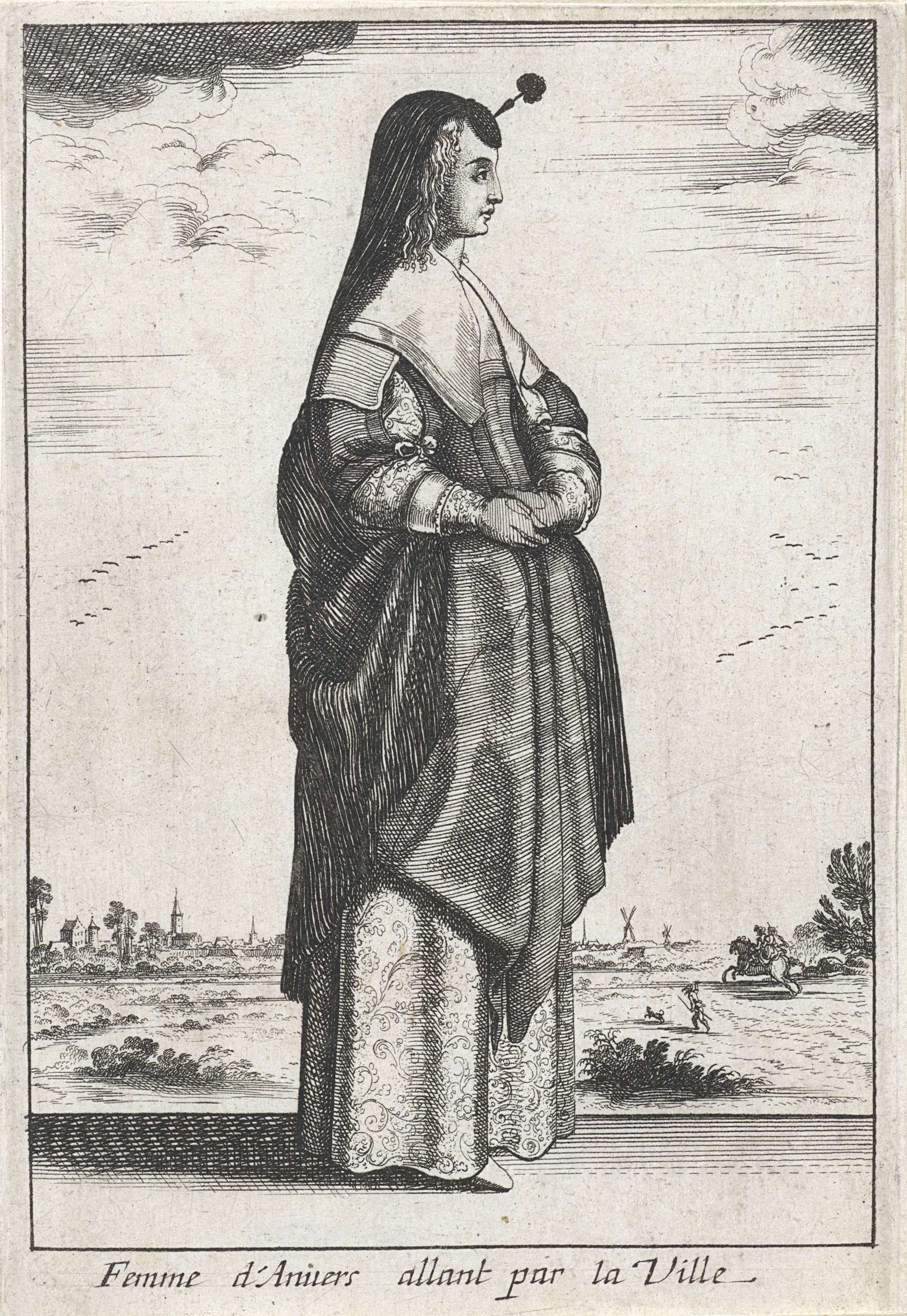 Femme d'Anvers allant par la Ville, etching by Unknown Artist, featuring a woman in a flowing garment.