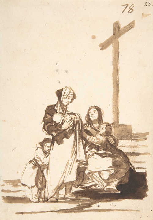 A depiction of women and children gathered near a cross, showcasing Goya's unique style.