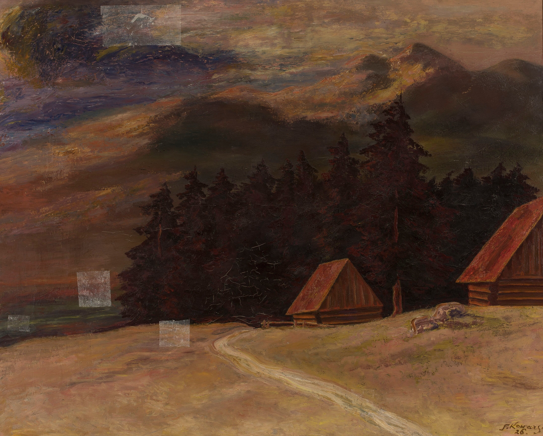 Mountainscape at sunset by Felicjan Szczęsny Kowarski, oil painting depicting mountains under a sunset.