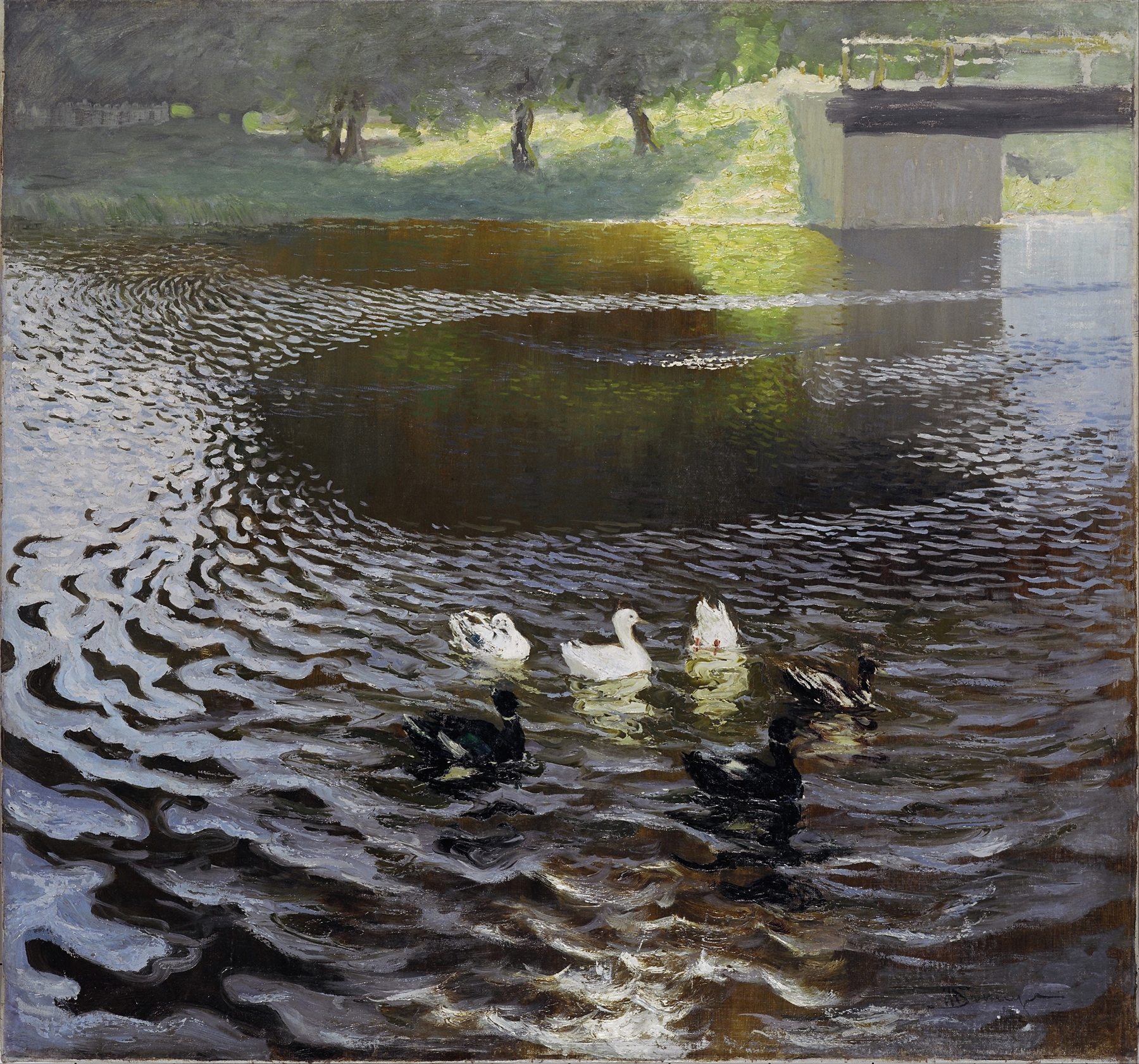 Ducks swimming in water, oil painting by Johann Walter-Kurau