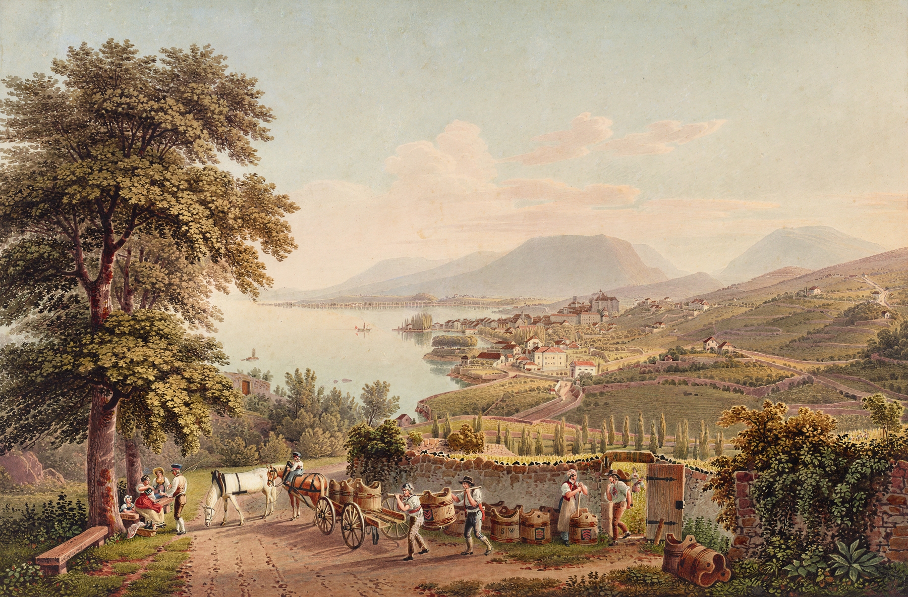 Vue de la Ville de Neuchatel, en Suisse by Gabriel Lory the Younger, oil painting depicting a serene lake and town.