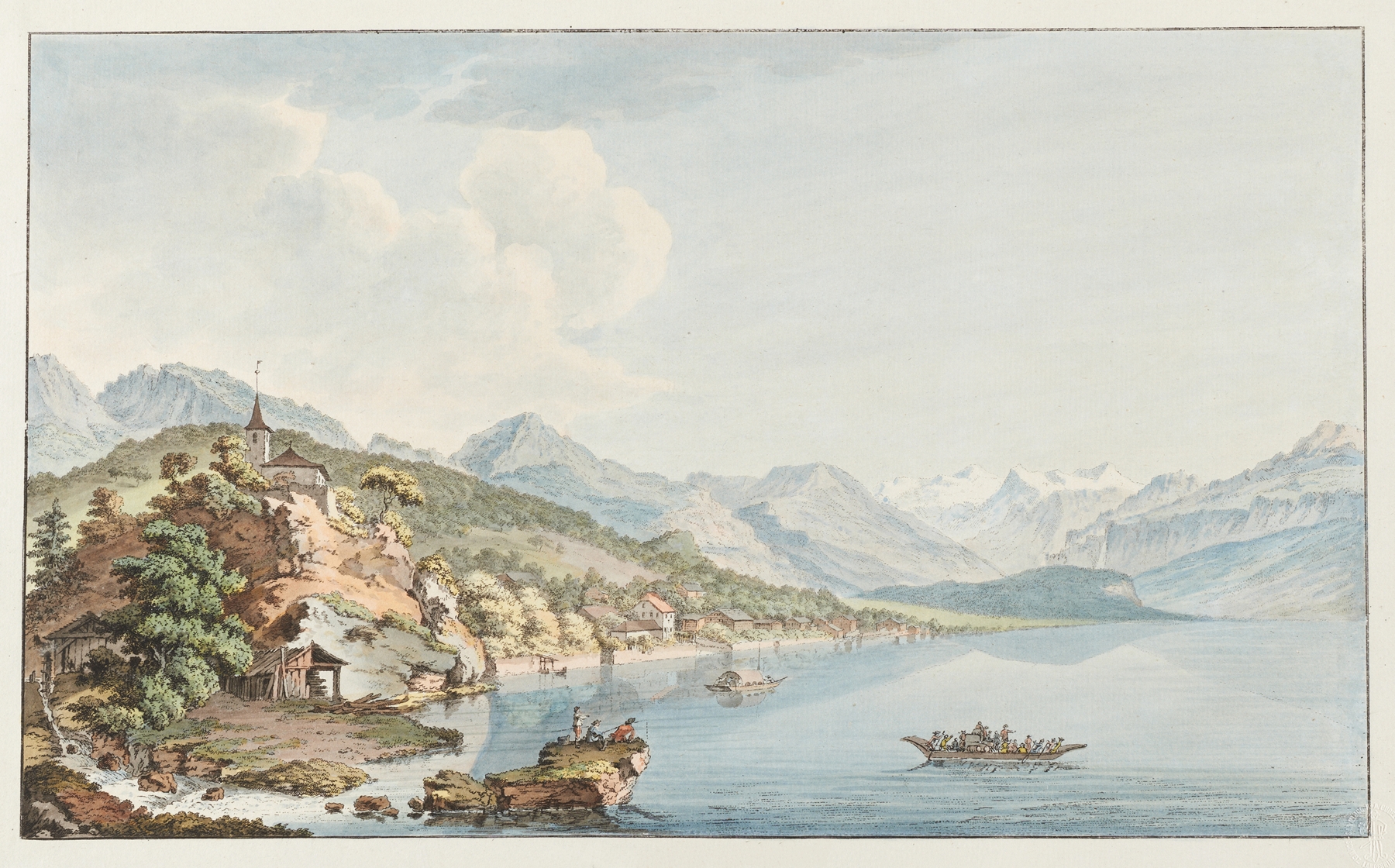 Vue du Village et du Lac de Brientz by Johann Ludwig Aberli, oil painting depicting a serene landscape.