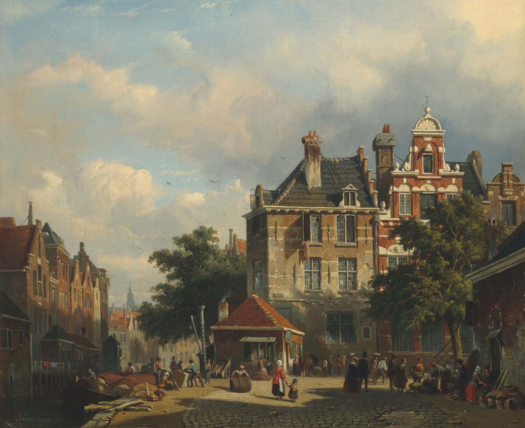 A Dutch street scene by Adrianus Eversen, depicting a village with earthy tones and cobbled path, oil painting.