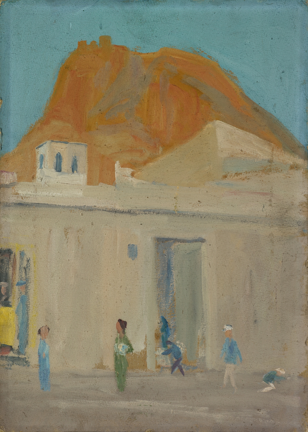 Mountain with a Castle over a Spanish City by Ernst Schiess, oil painting depicting a mountain and castle.