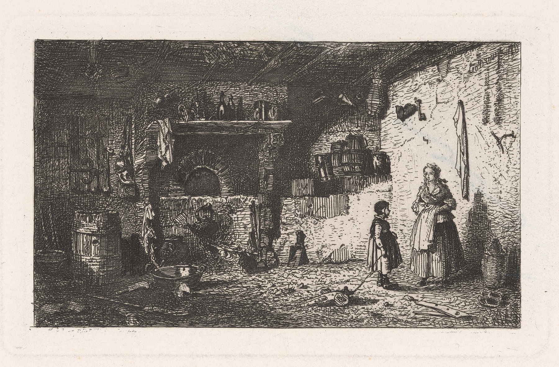 Interior scene with mother and daughter by Charles Emile Jacque, oil painting
