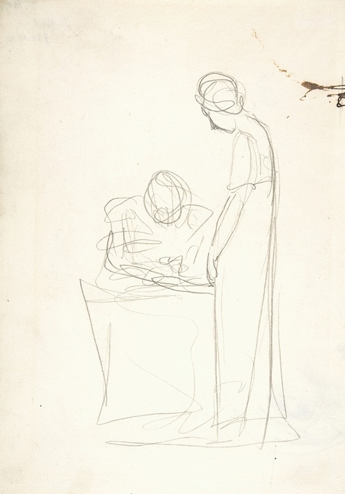 This painting depicts two figures, one seated and the other standing, showcasing George Romney's skill in figurative art.