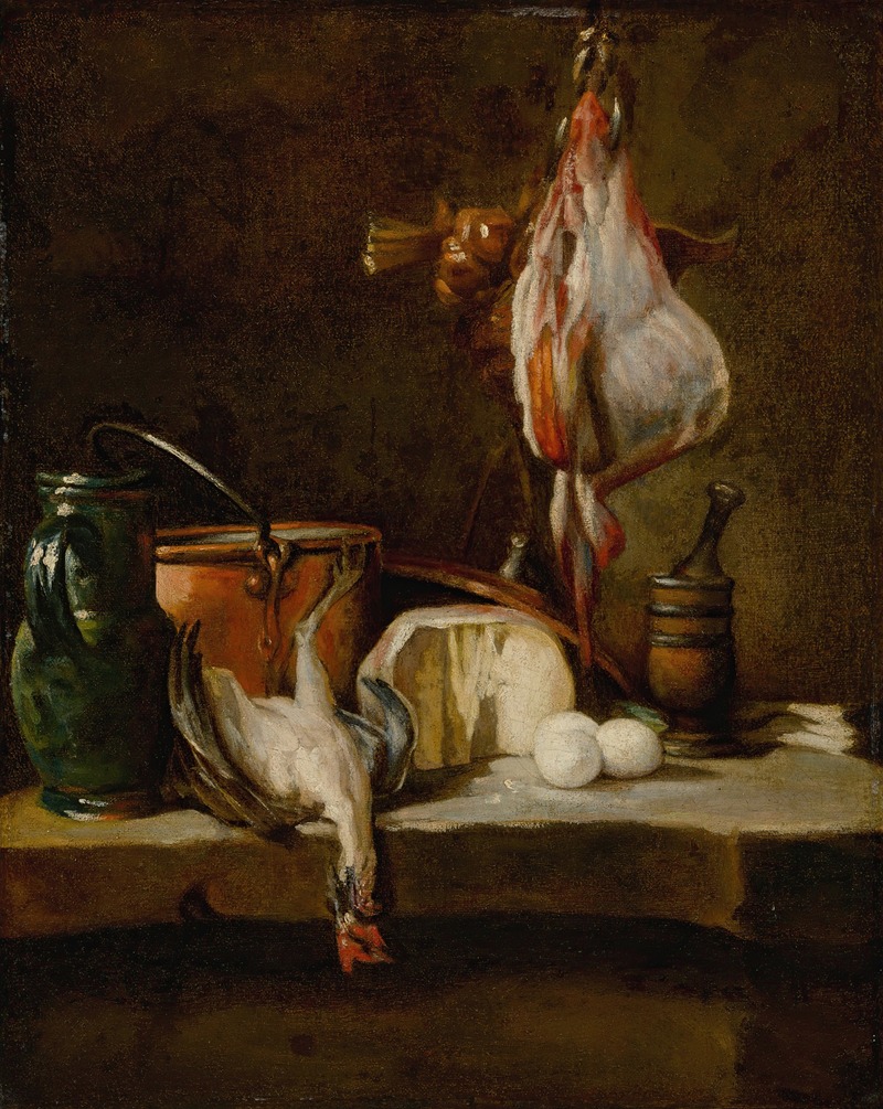 A still life painting featuring a ray-fish, onions, eggs, cheese, a green jug, and a copper pot.