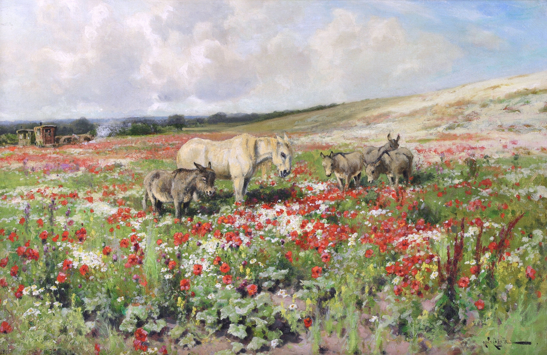 A horse and donkeys in a summer meadow with gypsy camp beyond, oil on canvas by Arthur William Redgate.