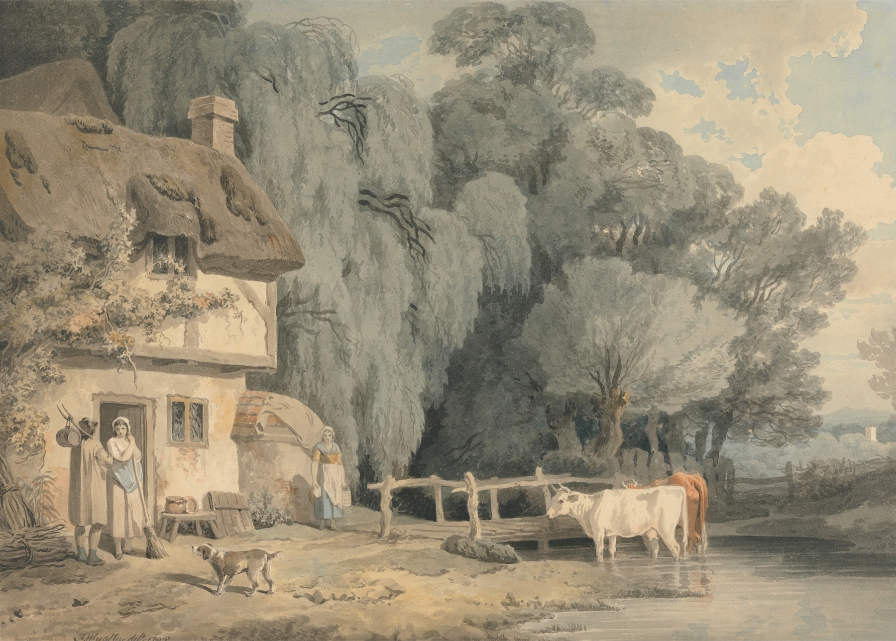 Country Scene; Figures by a Cottage Door and Cattle in a Stream, by Francis Wheatley, public domain