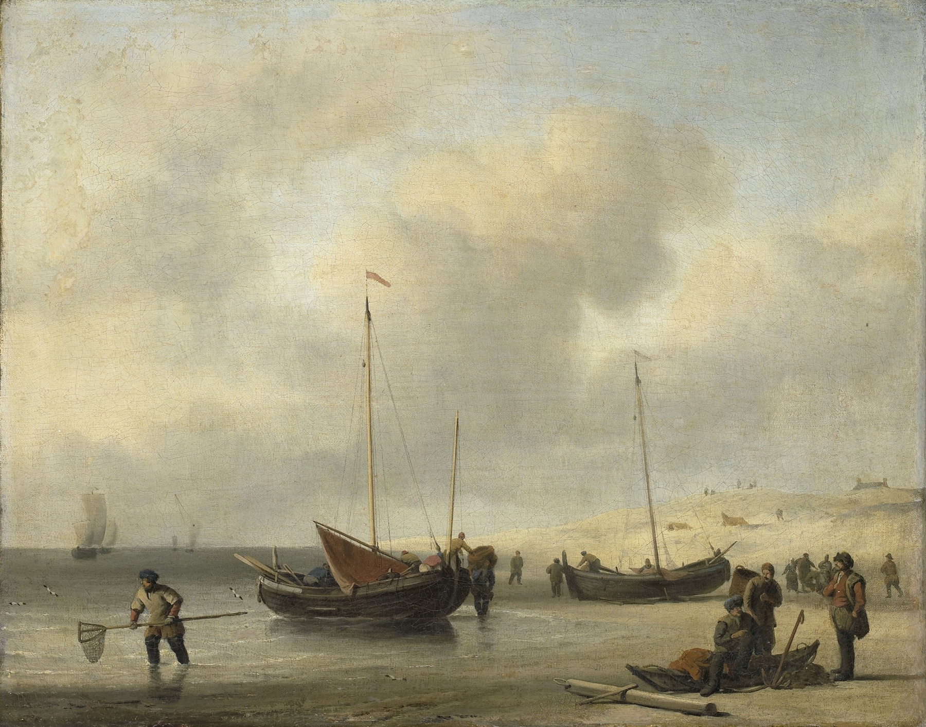 Fishing Boats on Shore (The Shore, Unloading a Fishing Smack), by Willem van de Velde the Younger, public domain