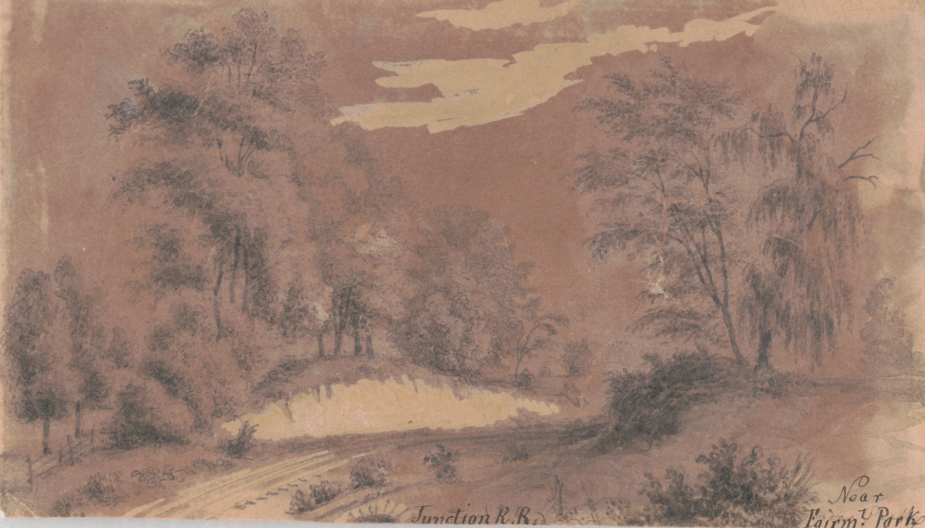 Oil painting by Augustus Köllner depicting a railway near a park