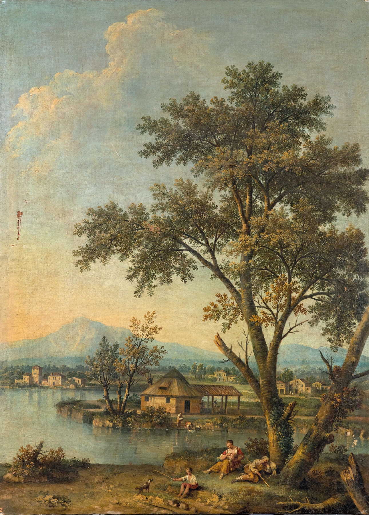 A river landscape with figures resting, oil on canvas by Giovanni Battista Cimaroli