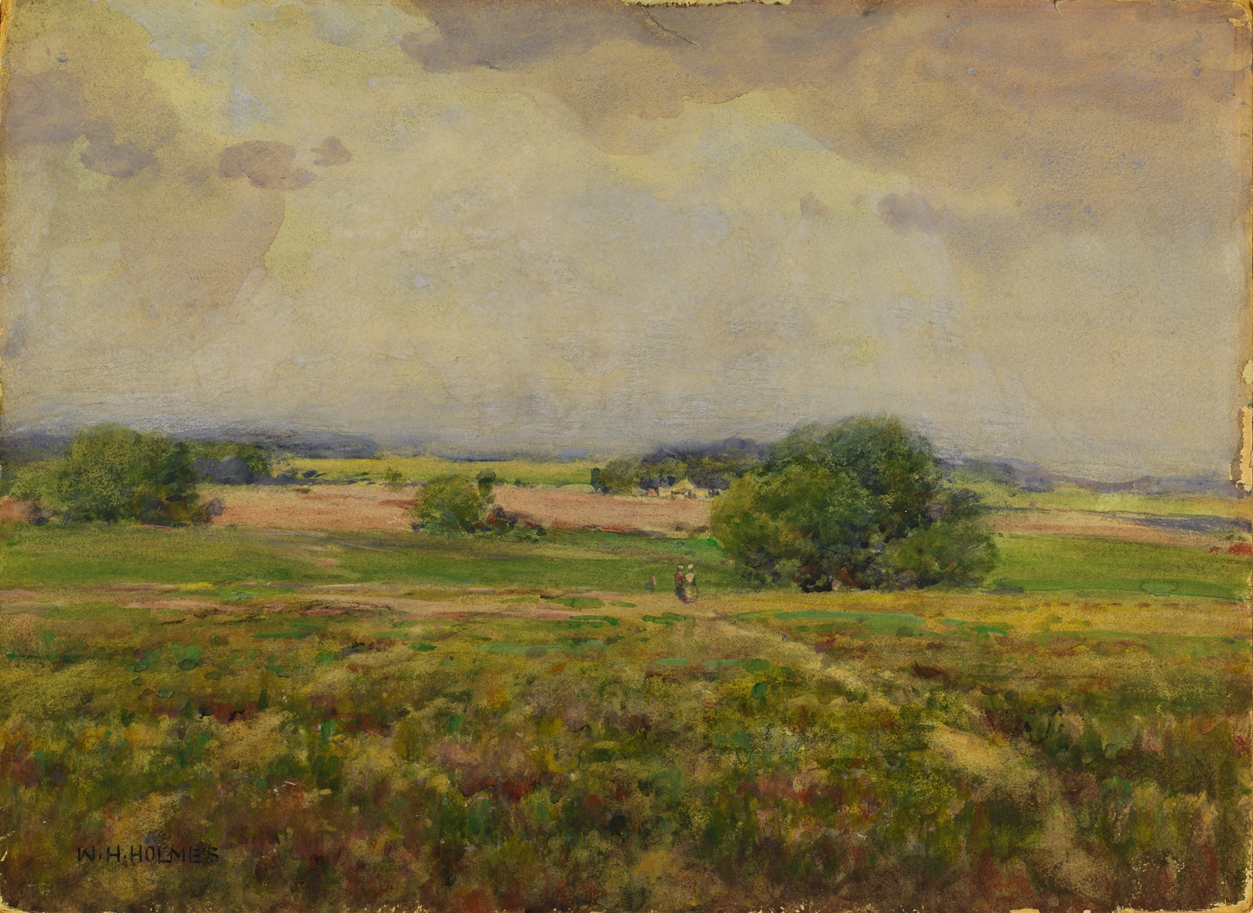 Landscape depicting fields with golden light, by William Henry Holmes.