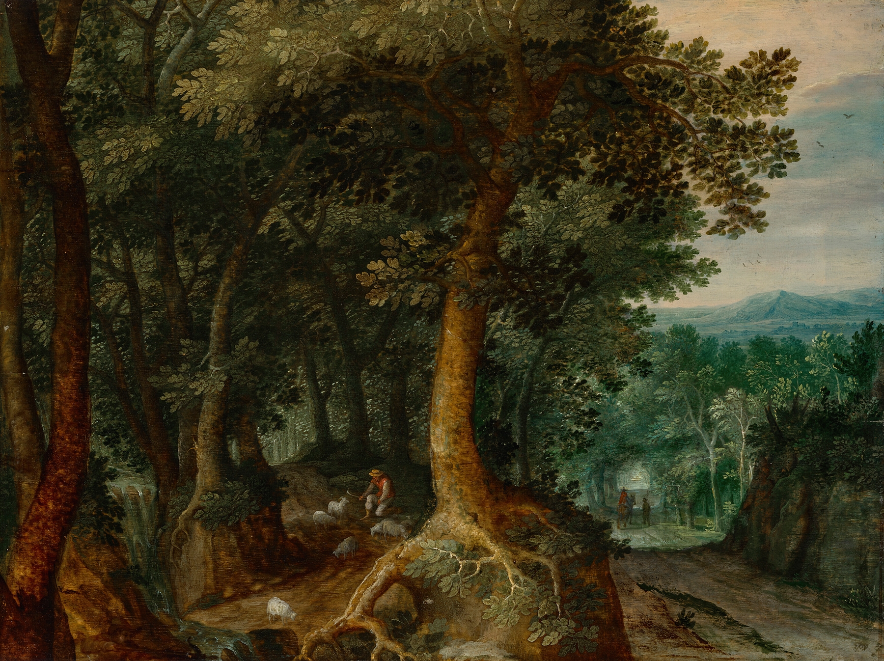 A shepherd in a wooded landscape by Gillis van Coninxloo, oil painting