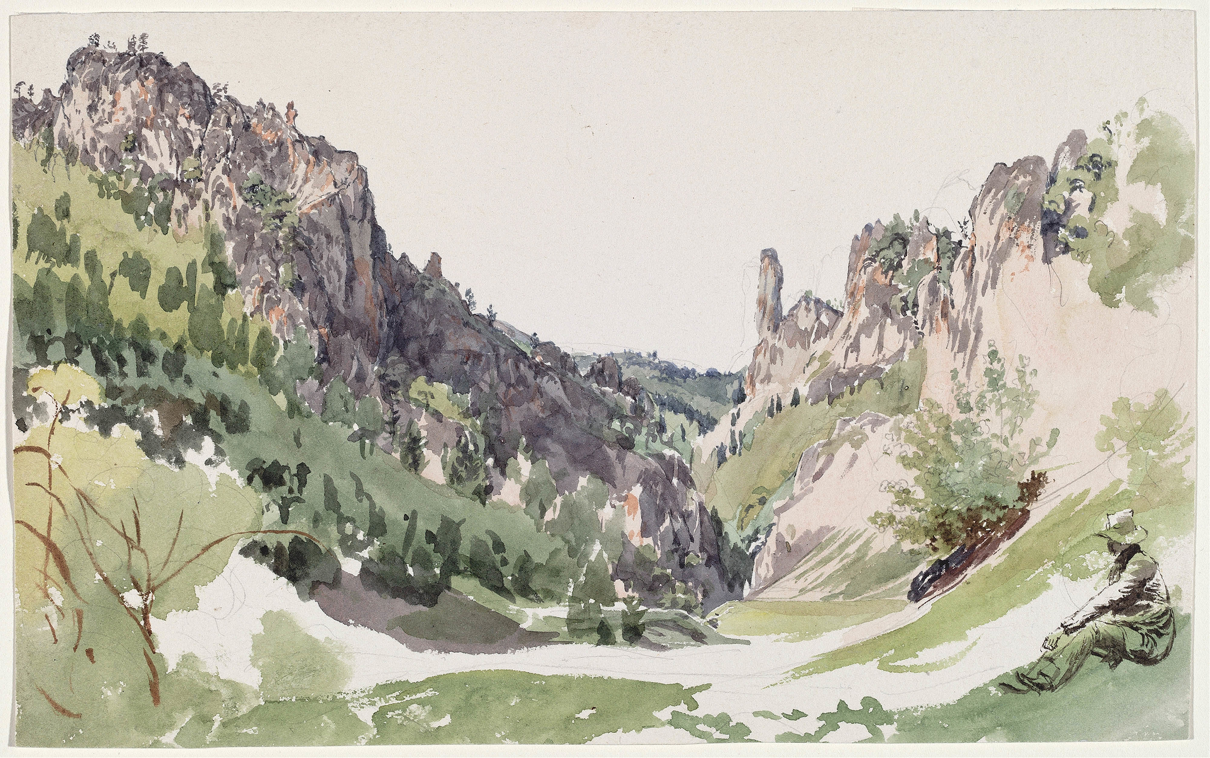 A Seated Man Contemplating a Sunlit Mountain Valley, by Jakob Alt, public domain