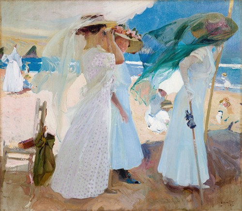 A vibrant scene depicting figures under an awning in Zarauz.