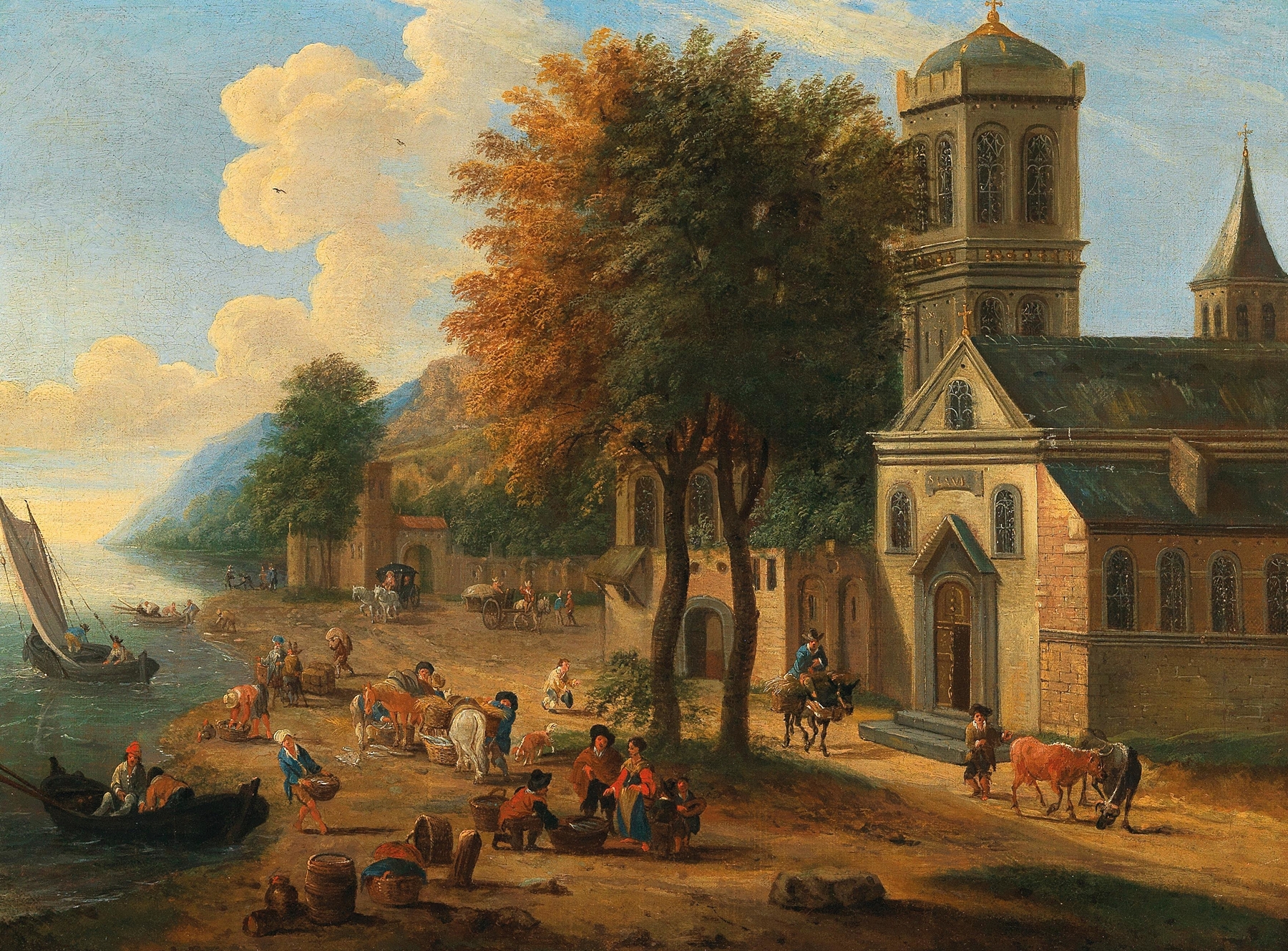 Coastal landscape with fishermen unloading their catch, by Mathys Schoevaerdts, public domain