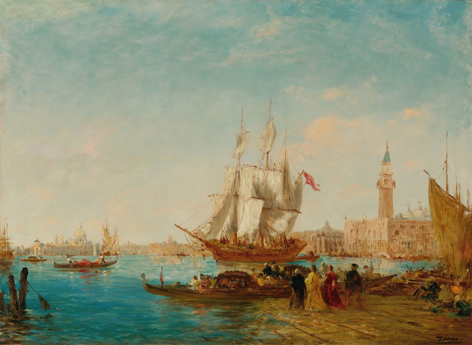 Historical scene with figures on a quay, oil on canvas by Félix Ziem