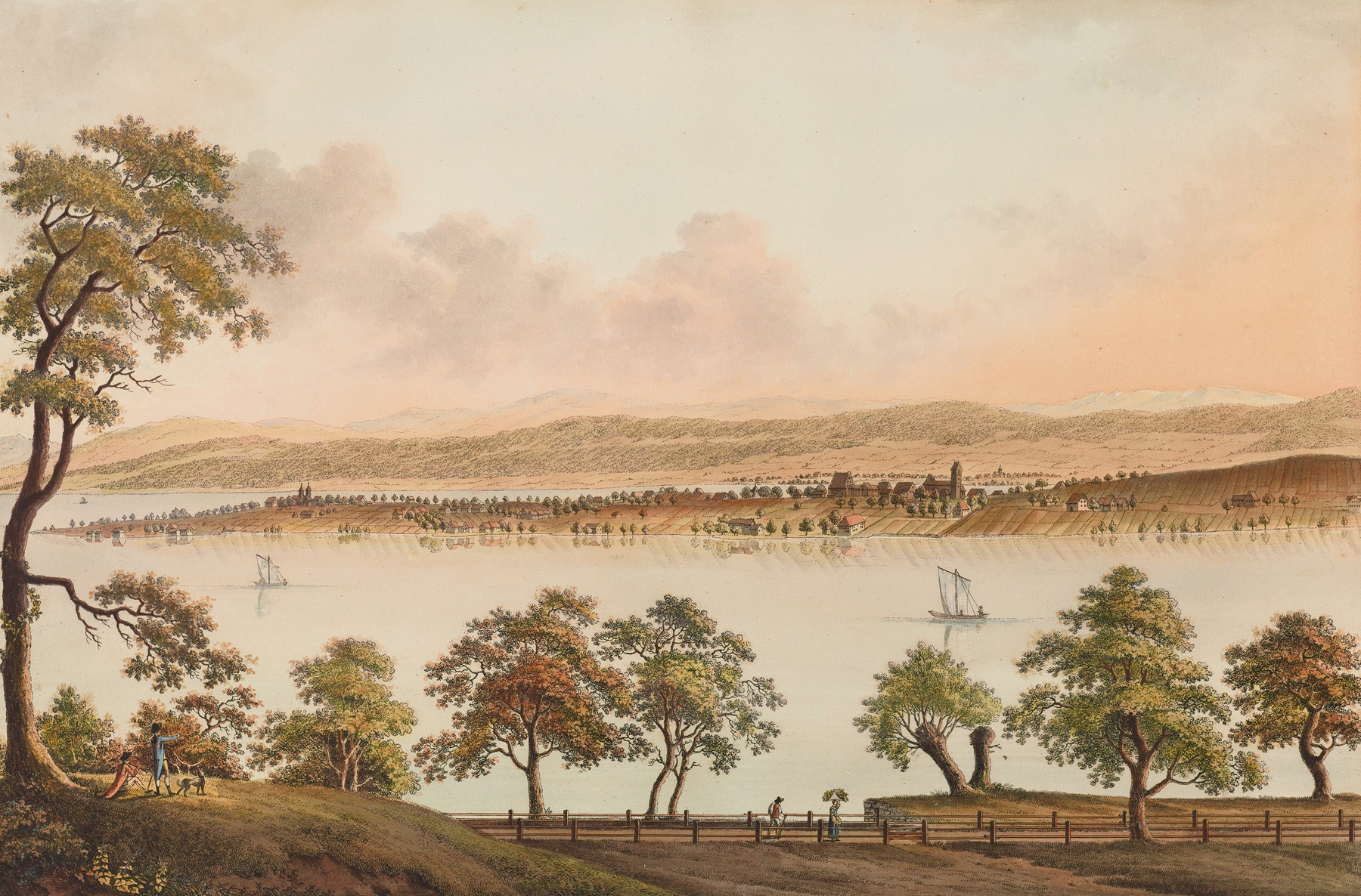 Engraving by Johann Heinrich Bleuler depicting a serene landscape with trees and water.