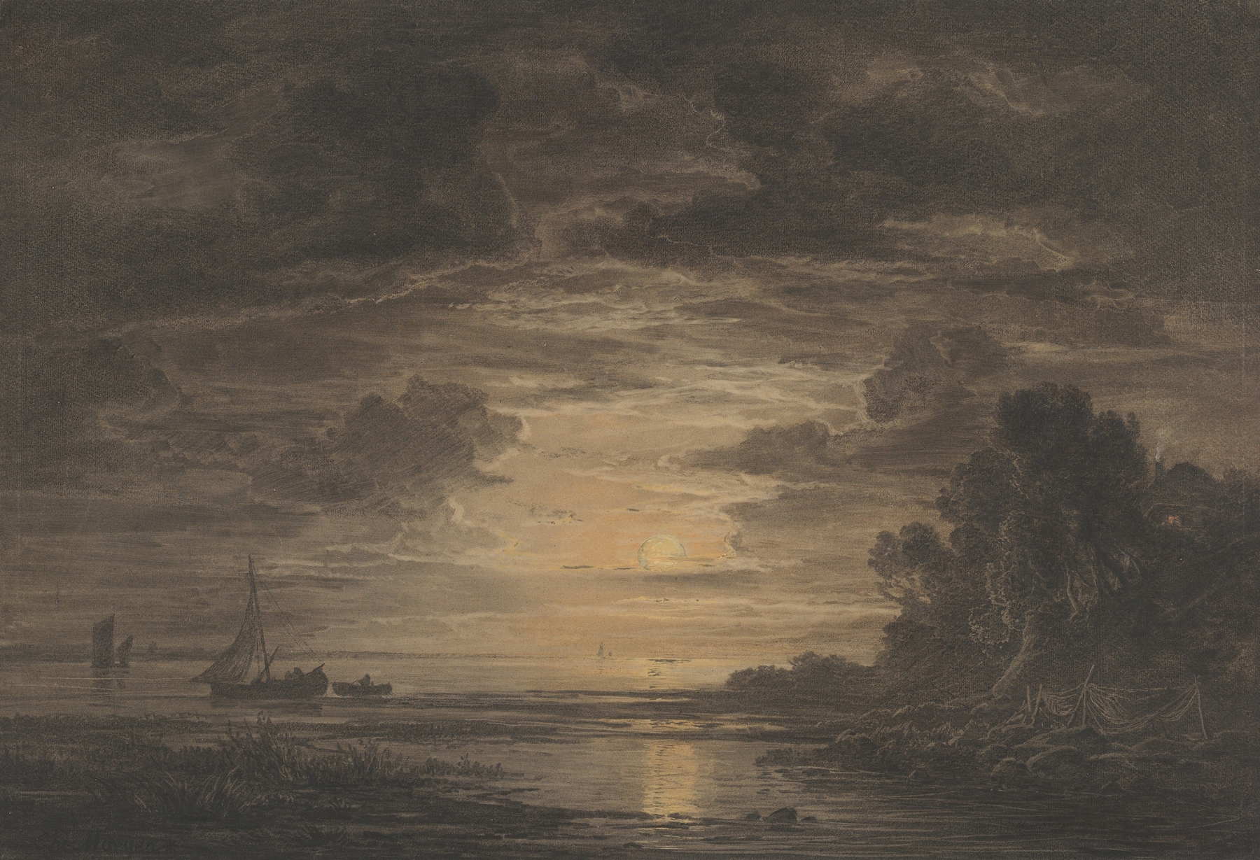 The River Elbe Downstream of Hamburg by Moonlight, oil painting by Christian Ernst Morgenstern
