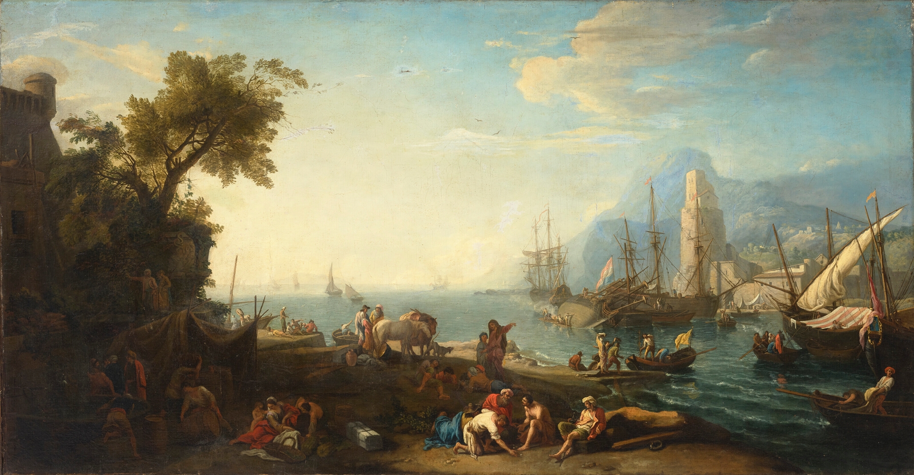 Figures on an estuary with a ship careened in the background, oil on canvas by Adrien Manglard