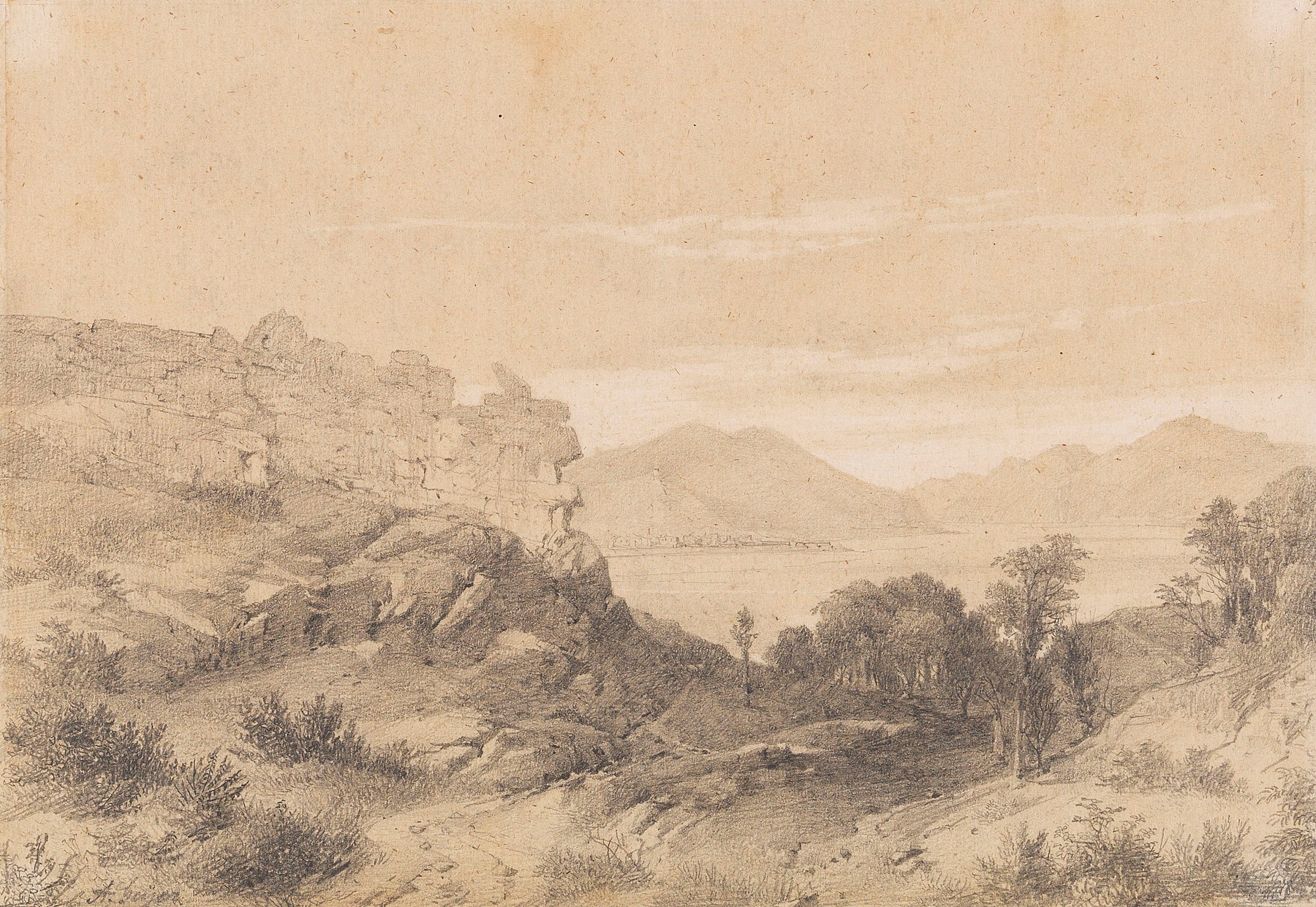 Südliche Landschaft by Alexius Geyer, oil on canvas depicting gentle hills in warm golden light.