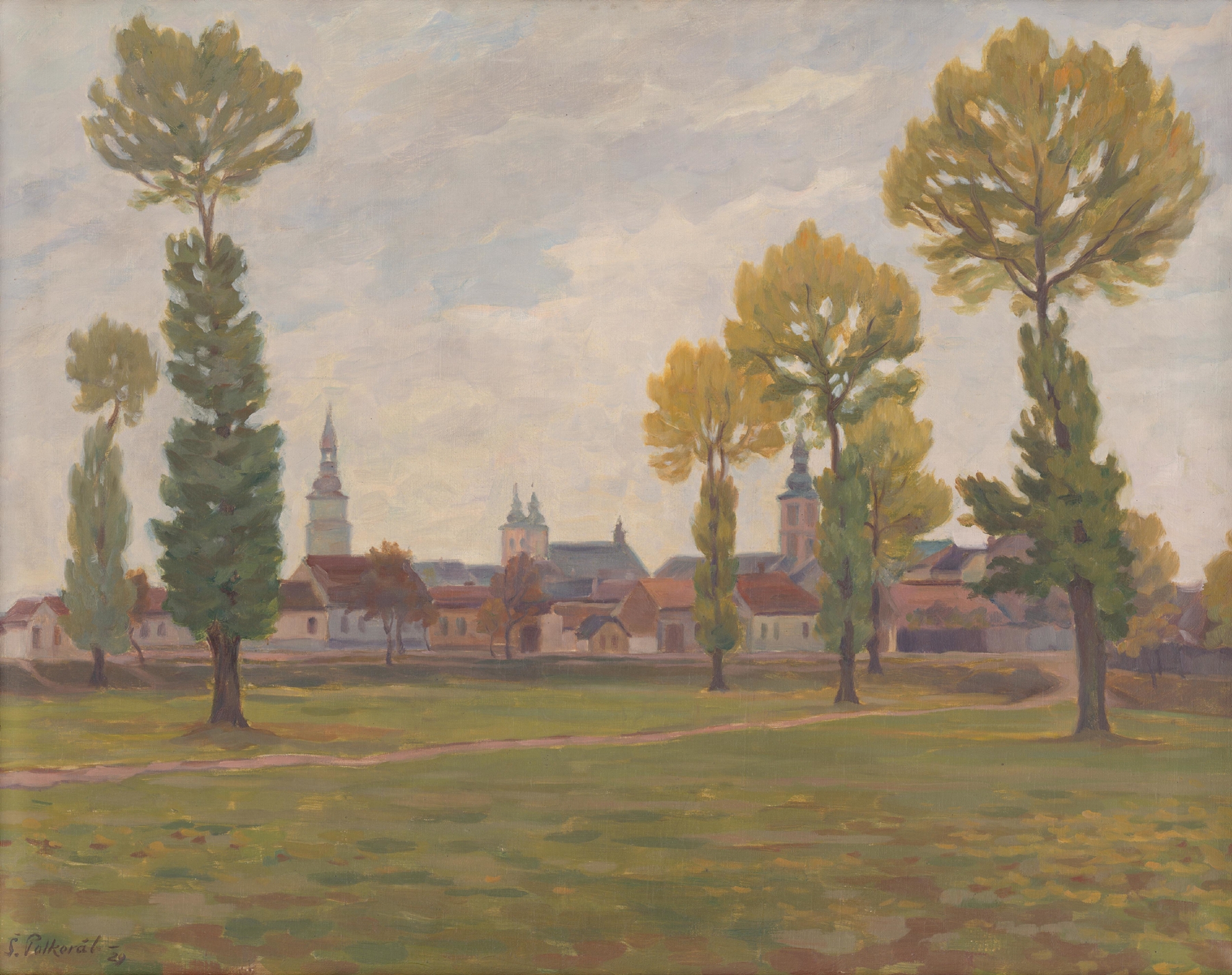 Trnava in Autumn by Štefan Polkoráb, oil on canvas depicting autumn trees and leaves.