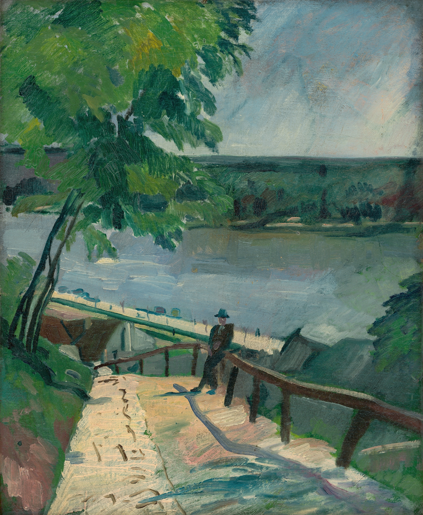 Landscape by Július Schubert, oil on canvas, depicting a tranquil river at twilight.