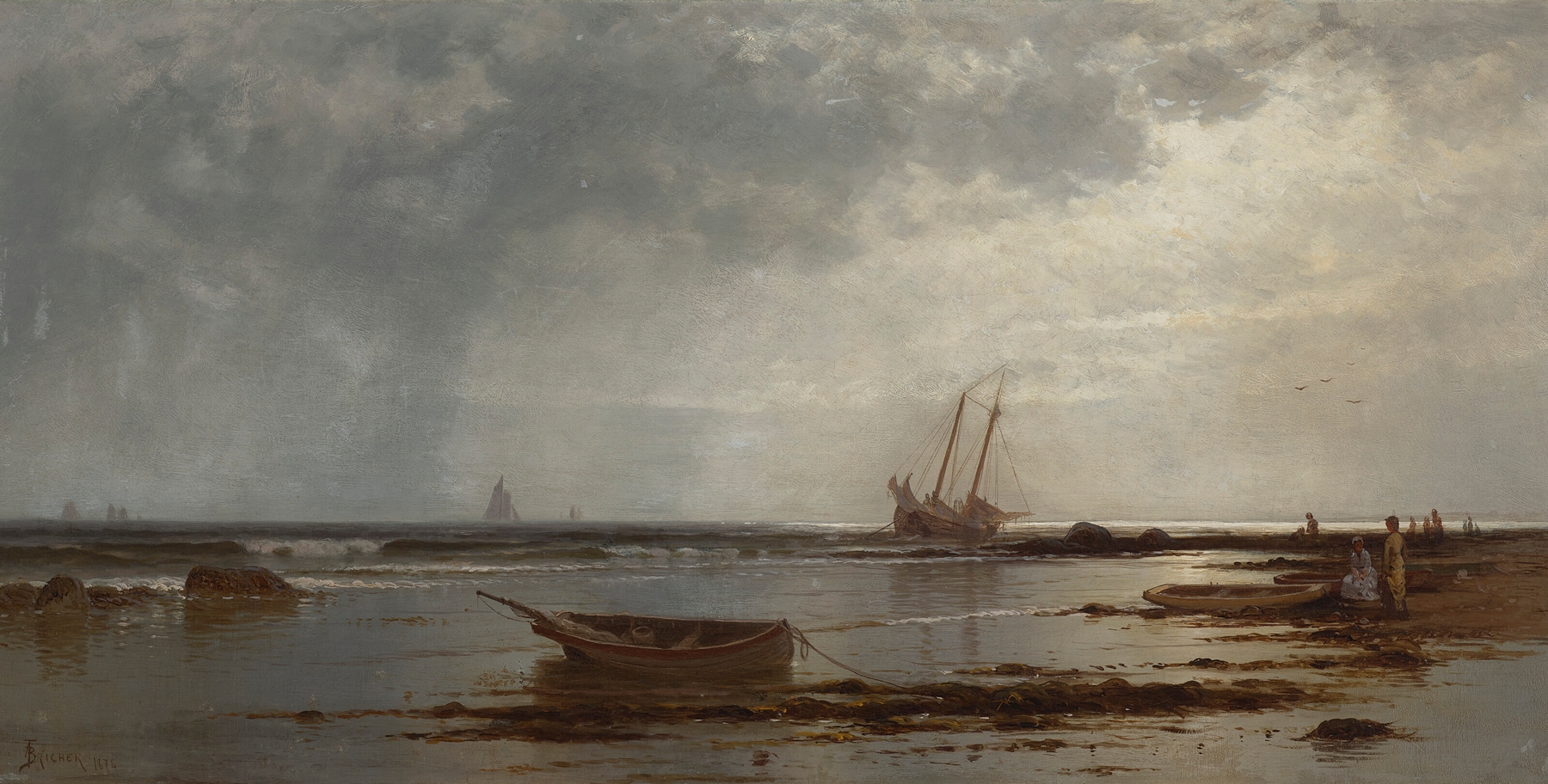 Seascape oil painting by Alfred Thompson Bricher, depicting waves and horizon under soft light