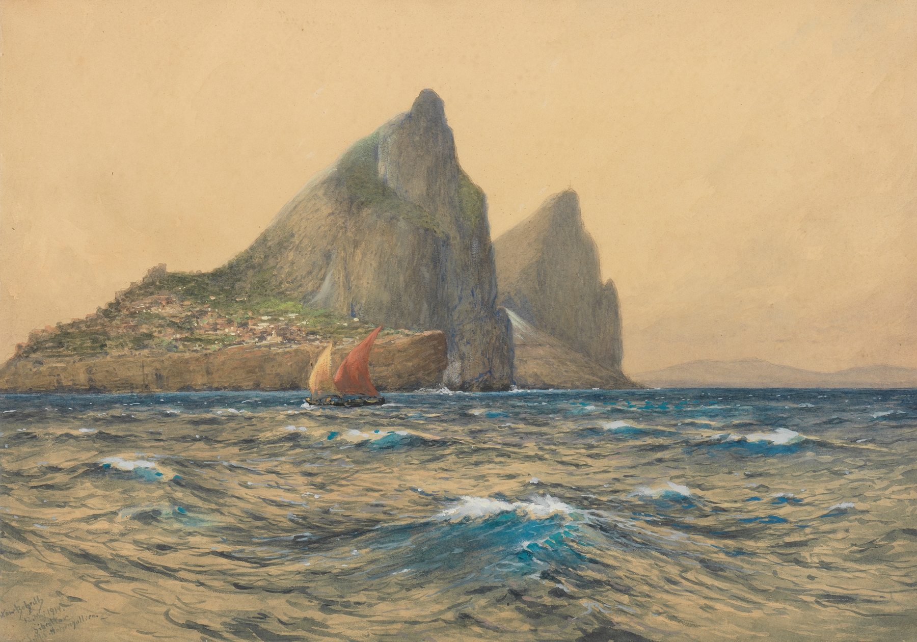 Oil painting by Hans Bohrdt depicting a ship navigating the sea under a vast sky.