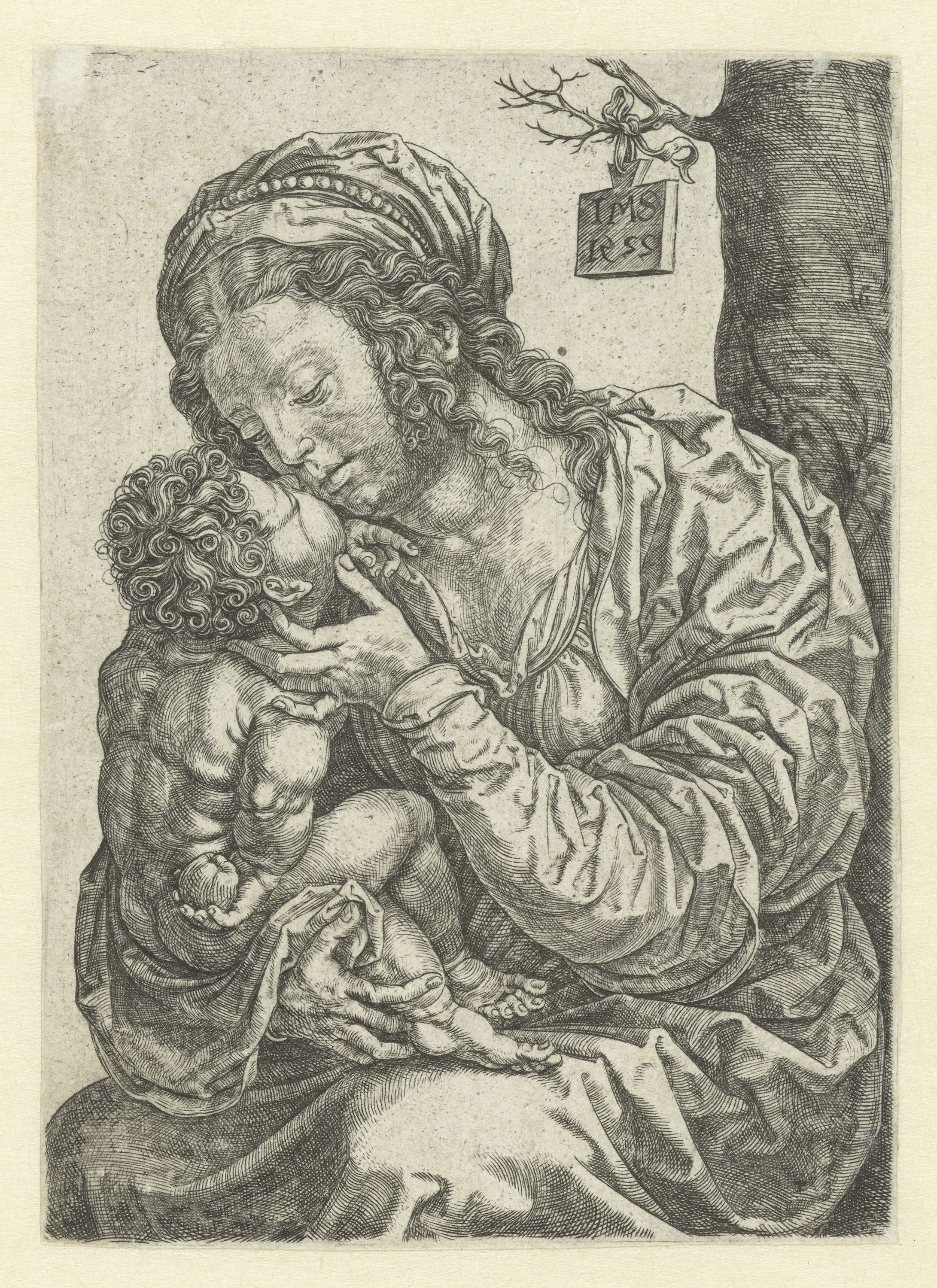 Engraving by Jan Gossart depicting Madonna with child, showcasing tenderness and light.
