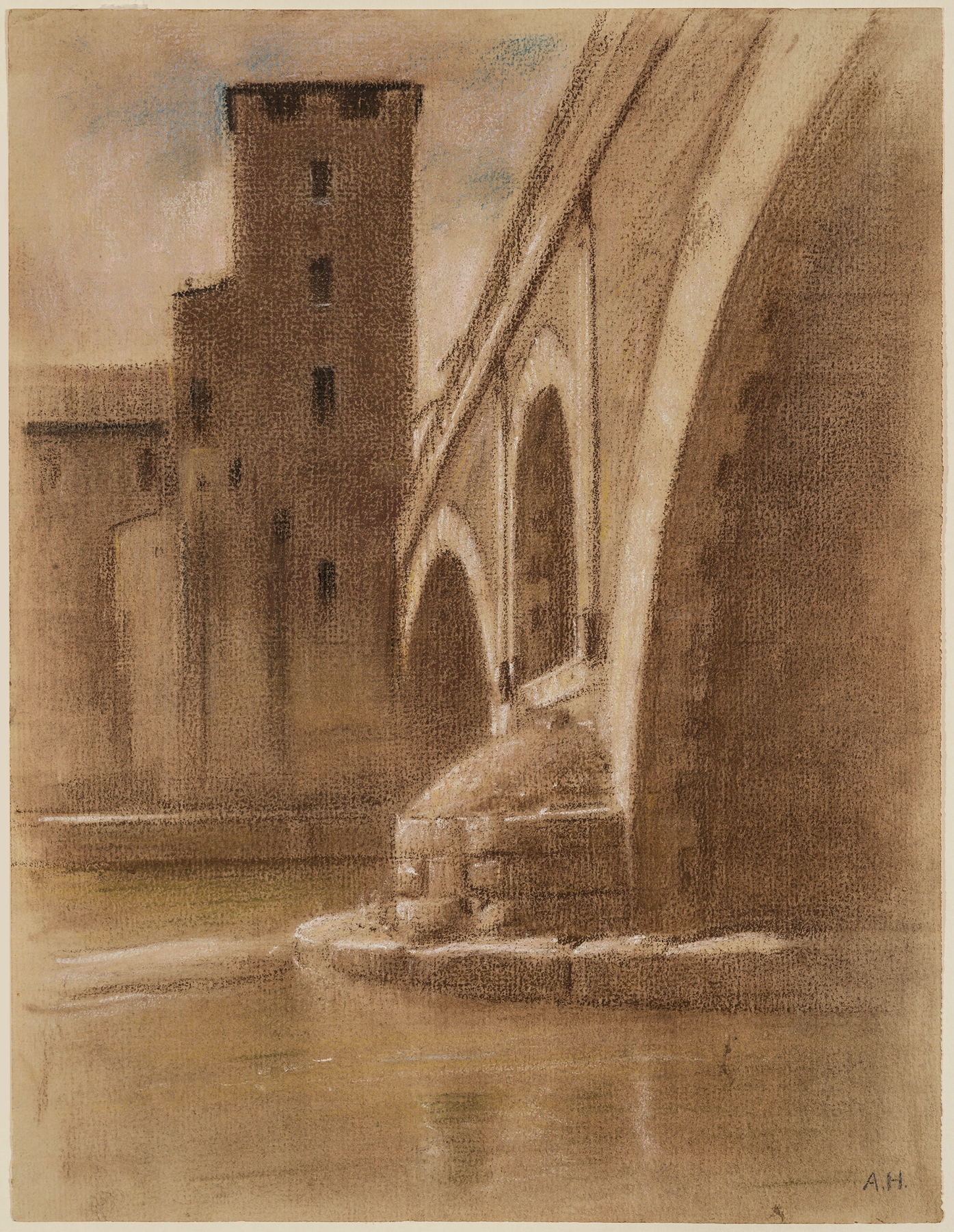 Die Ponte dei Quattro Capi in Rom, oil on canvas by Adolf Hirémy-Hirschl, featuring a bridge over a river at sunset.