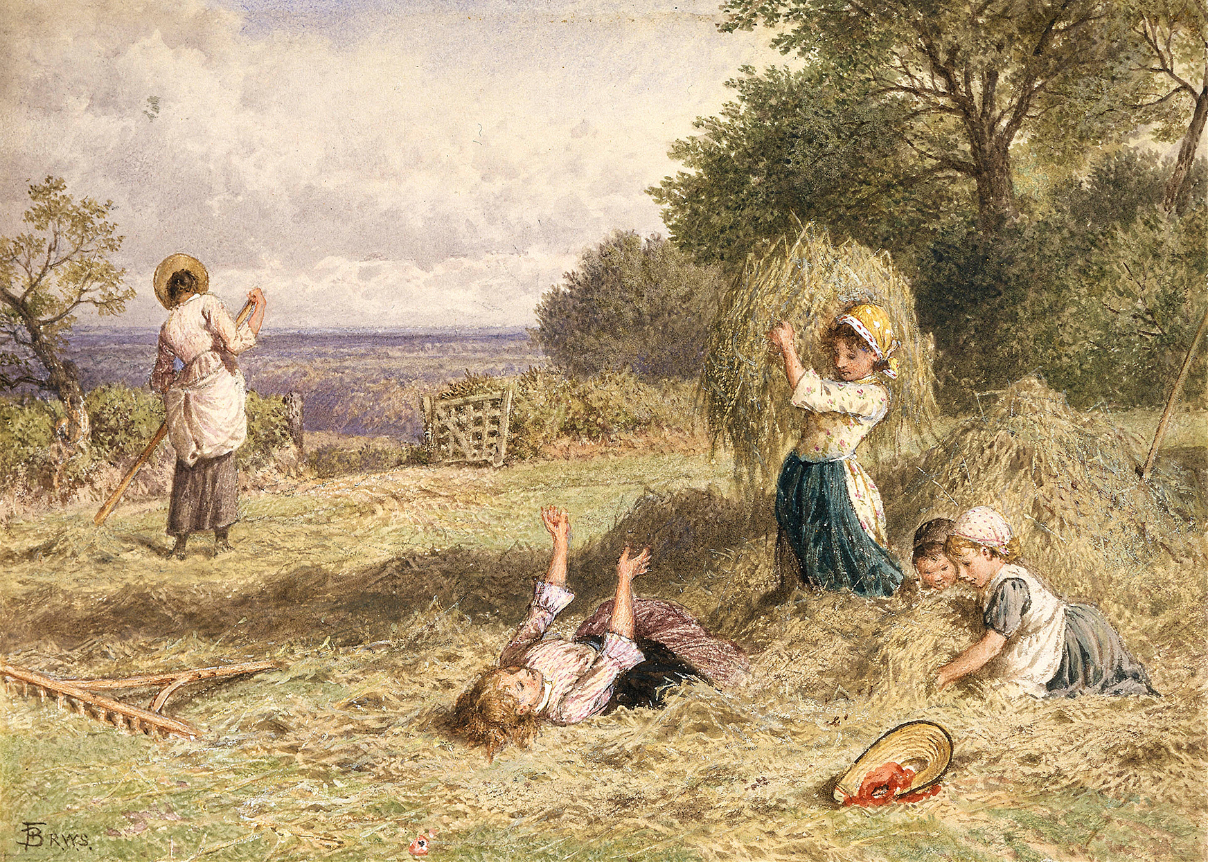 Landscape with Figures by Myles Birket Foster, Victorian oil painting depicting a tranquil river scene with figures.