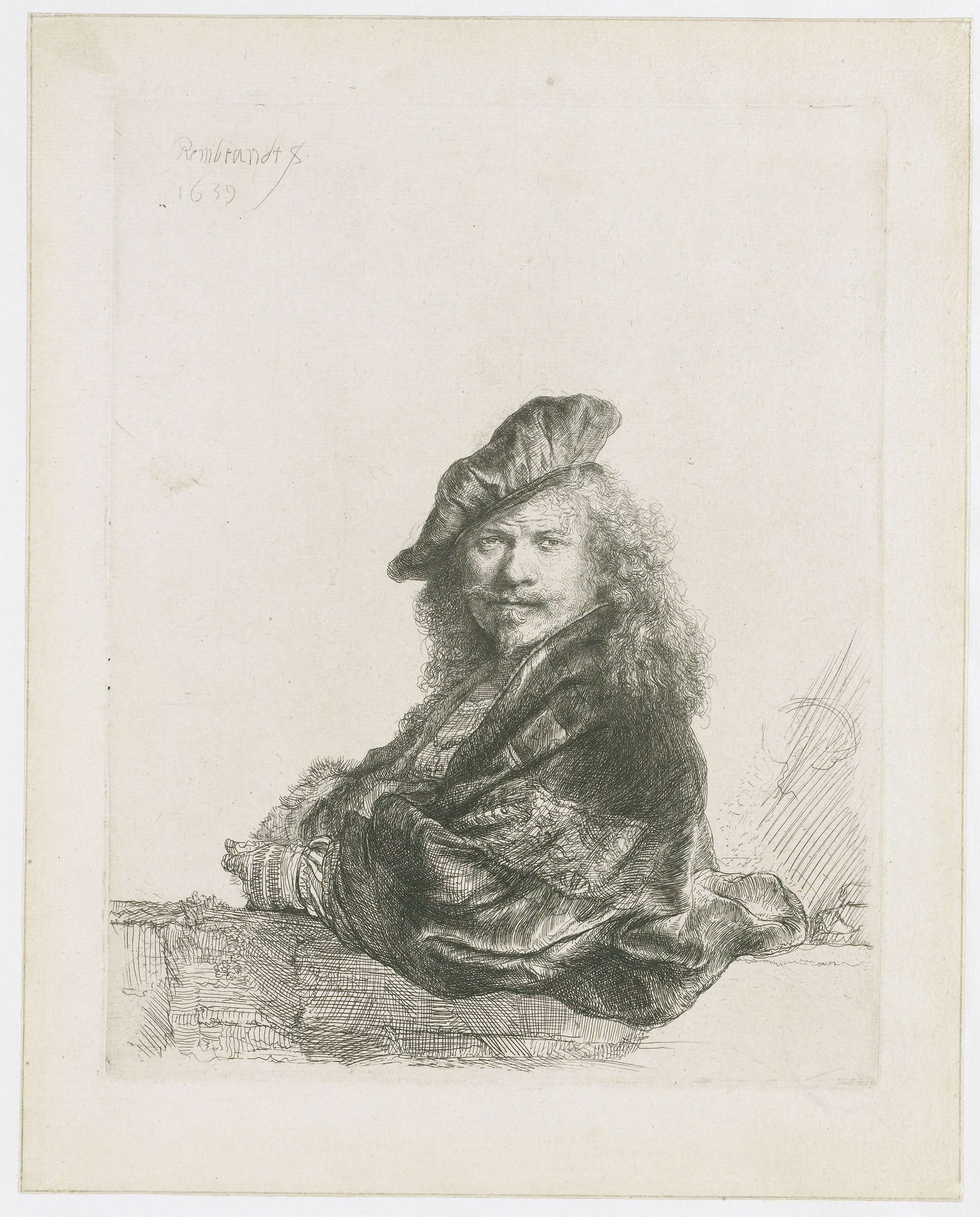 Self-portrait leaning on a stone sill, by Rembrandt van Rijn, public domain
