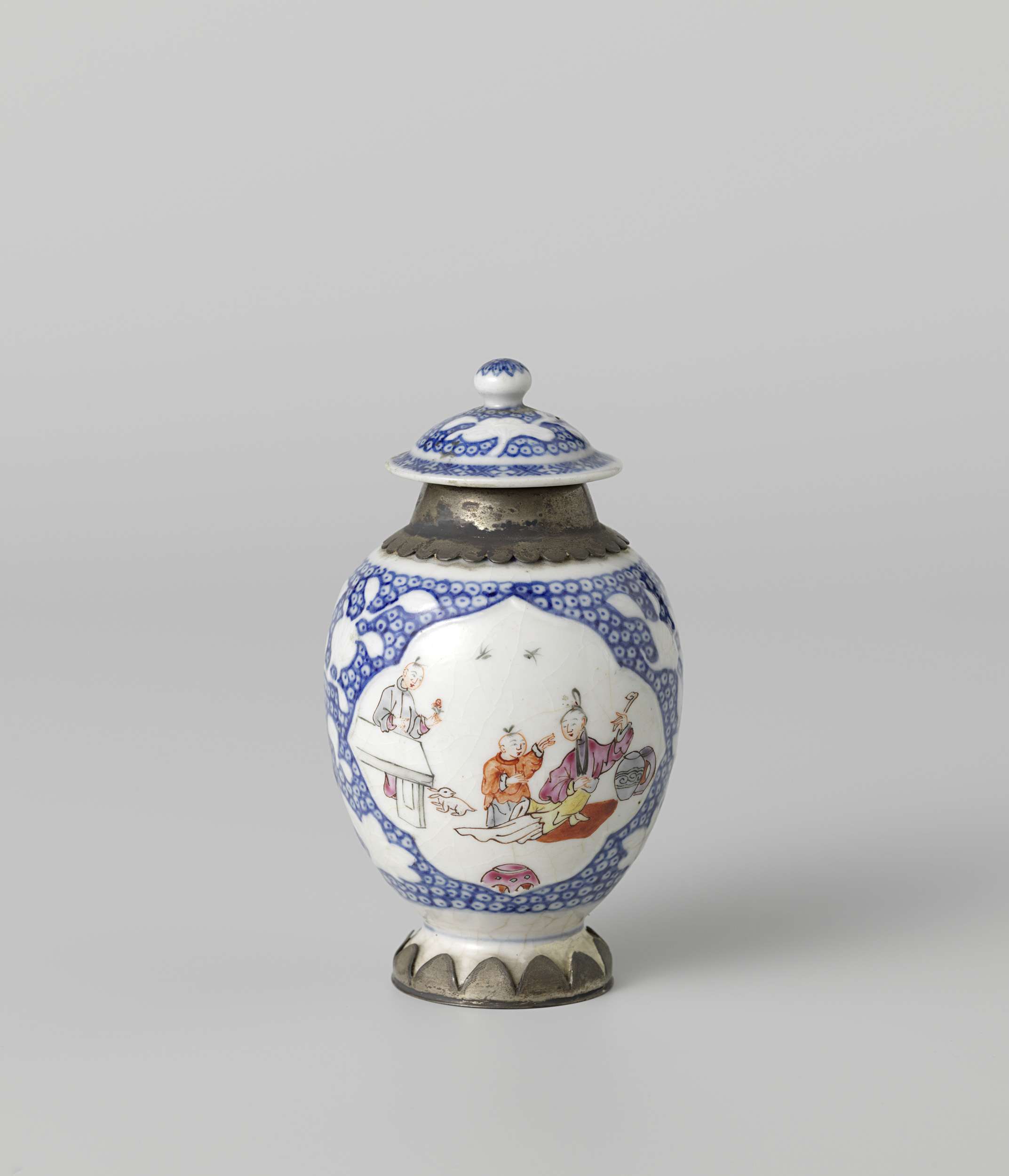 Ovoid tea caddy with women and boy, ceramic with silver mounts, unknown artist